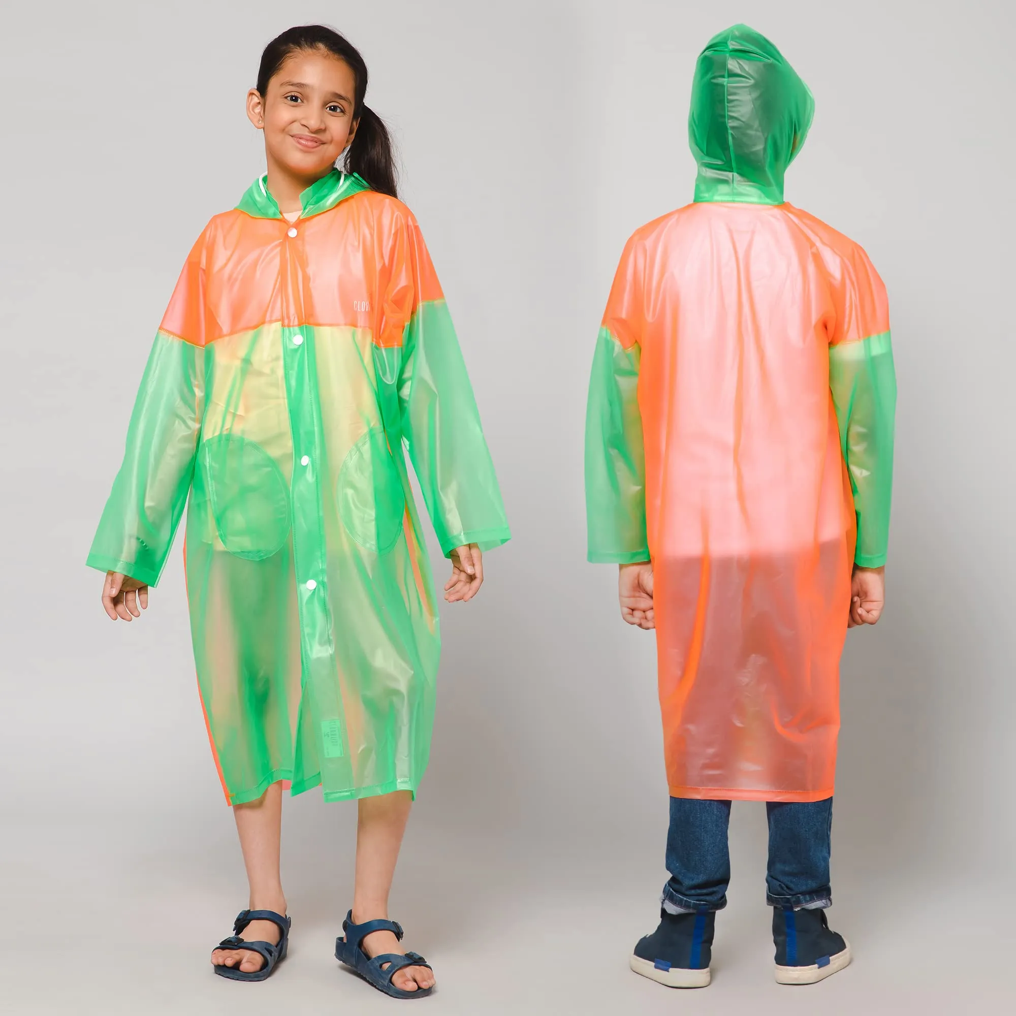 THE CLOWNFISH Puddle Jumper Series Unisex Kids Waterproof Single Layer PVC Longcoat/Raincoat with Adjustable Hood. Age-5-6 Years (Fluoroscent Green)