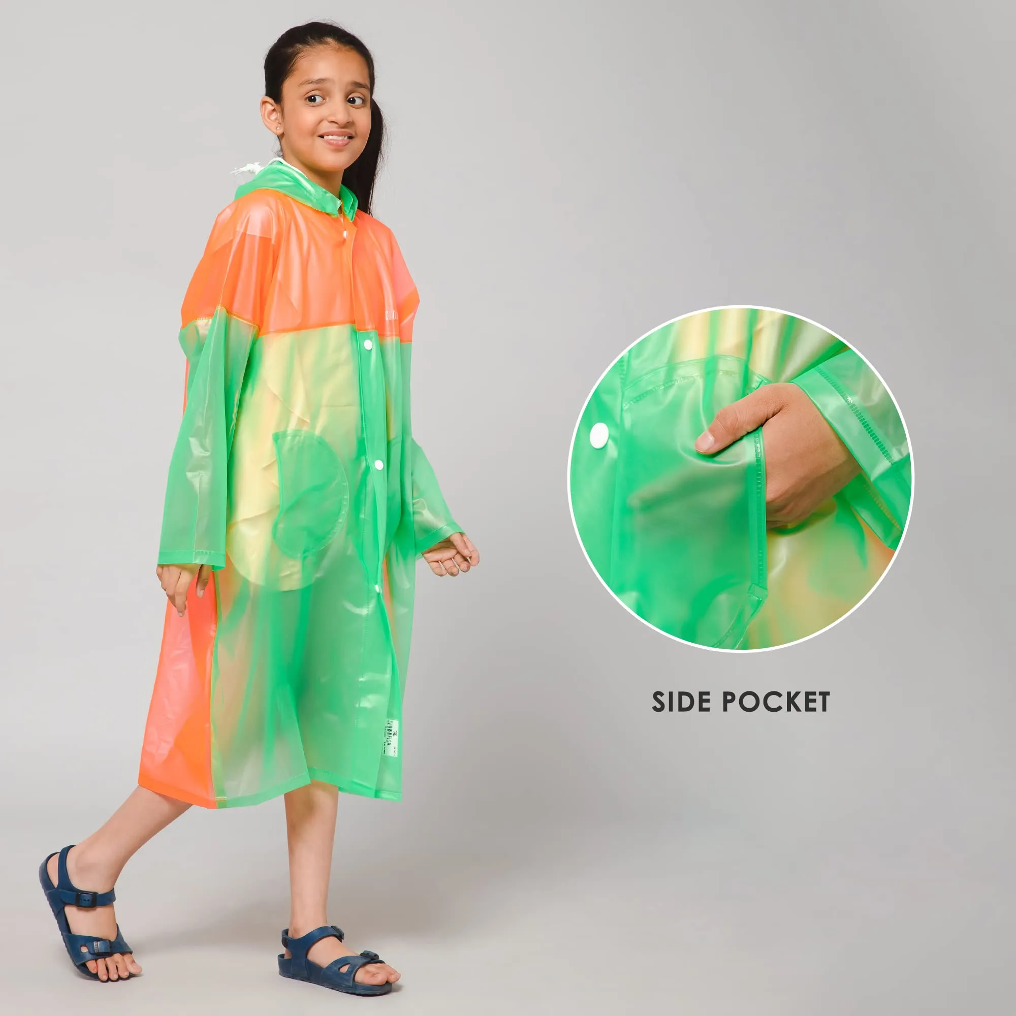 THE CLOWNFISH Puddle Jumper Series Unisex Kids Waterproof Single Layer PVC Longcoat/Raincoat with Adjustable Hood. Age-5-6 Years (Fluoroscent Green)