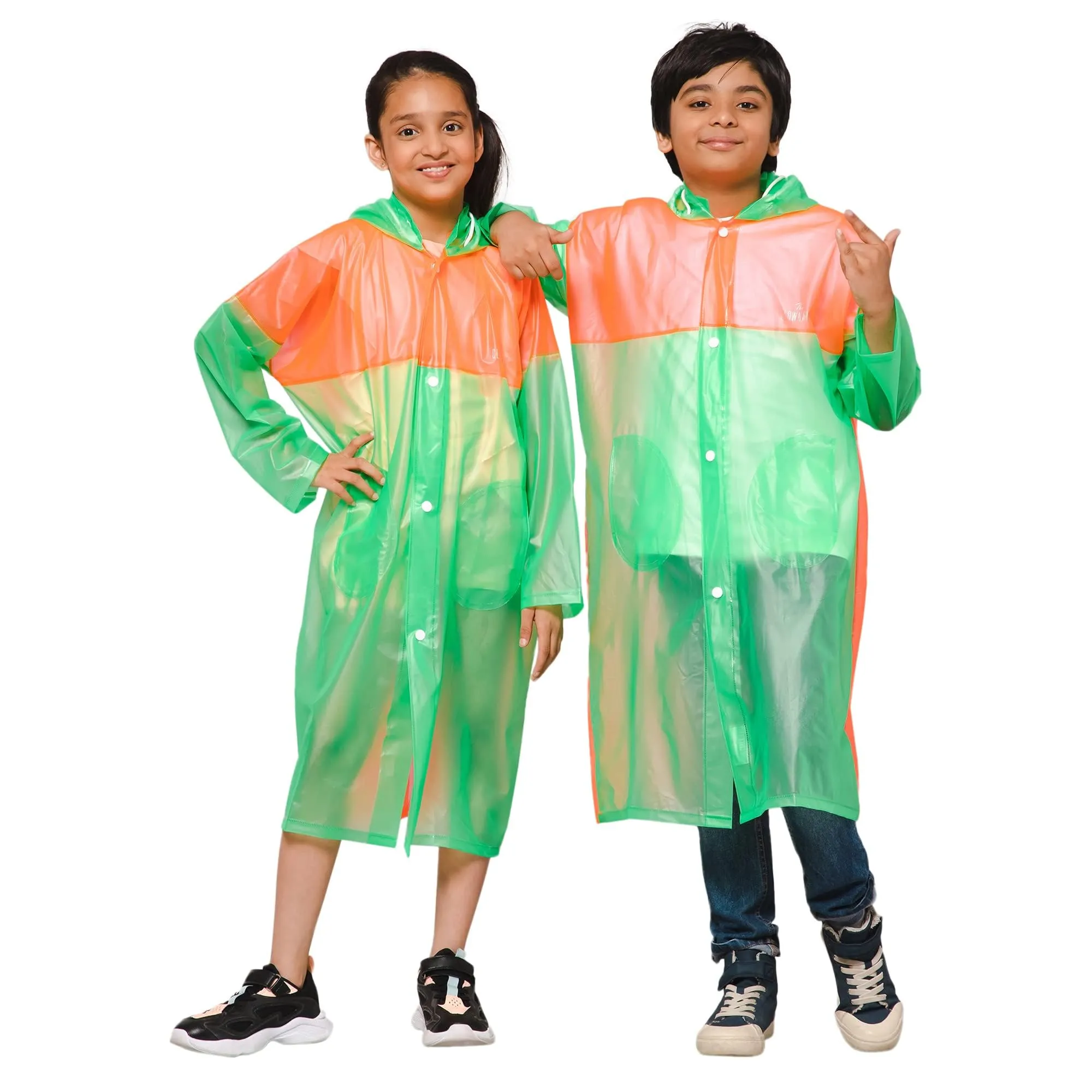 THE CLOWNFISH Puddle Jumper Series Unisex Kids Waterproof Single Layer PVC Longcoat/Raincoat with Adjustable Hood. Age-5-6 Years (Fluoroscent Pink)