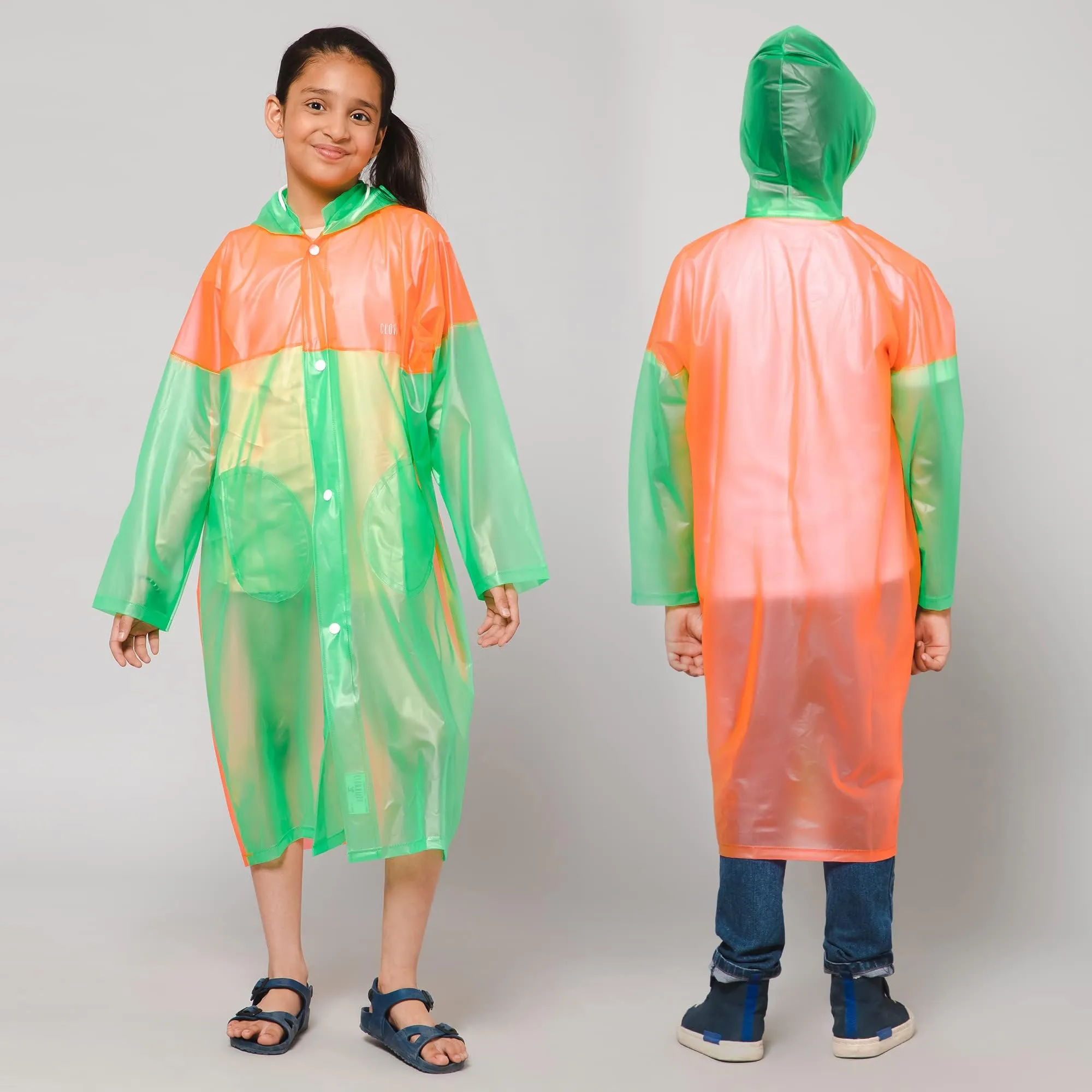 THE CLOWNFISH Puddle Jumper Series Unisex Kids Waterproof Single Layer PVC Longcoat/Raincoat with Adjustable Hood. Age-5-6 Years (Fluoroscent Pink)