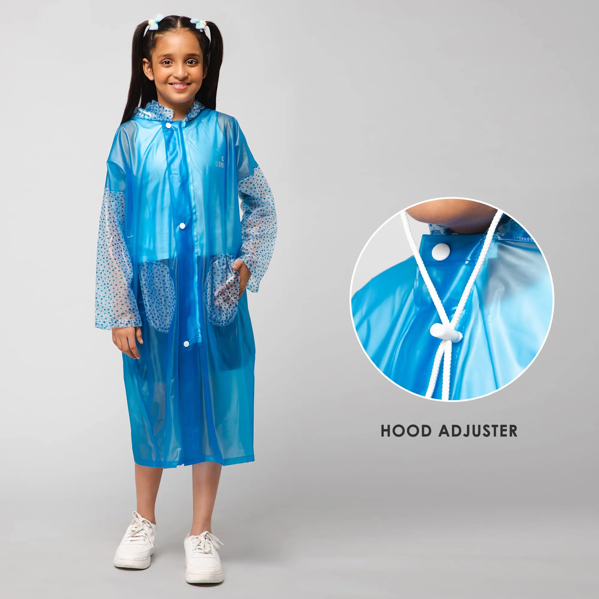 THE CLOWNFISH Shower Saver Series Unisex Kids Waterproof Single Layer PVC Longcoat/Raincoat with Adjustable Hood. Age-4-5 Years (Sky Blue)