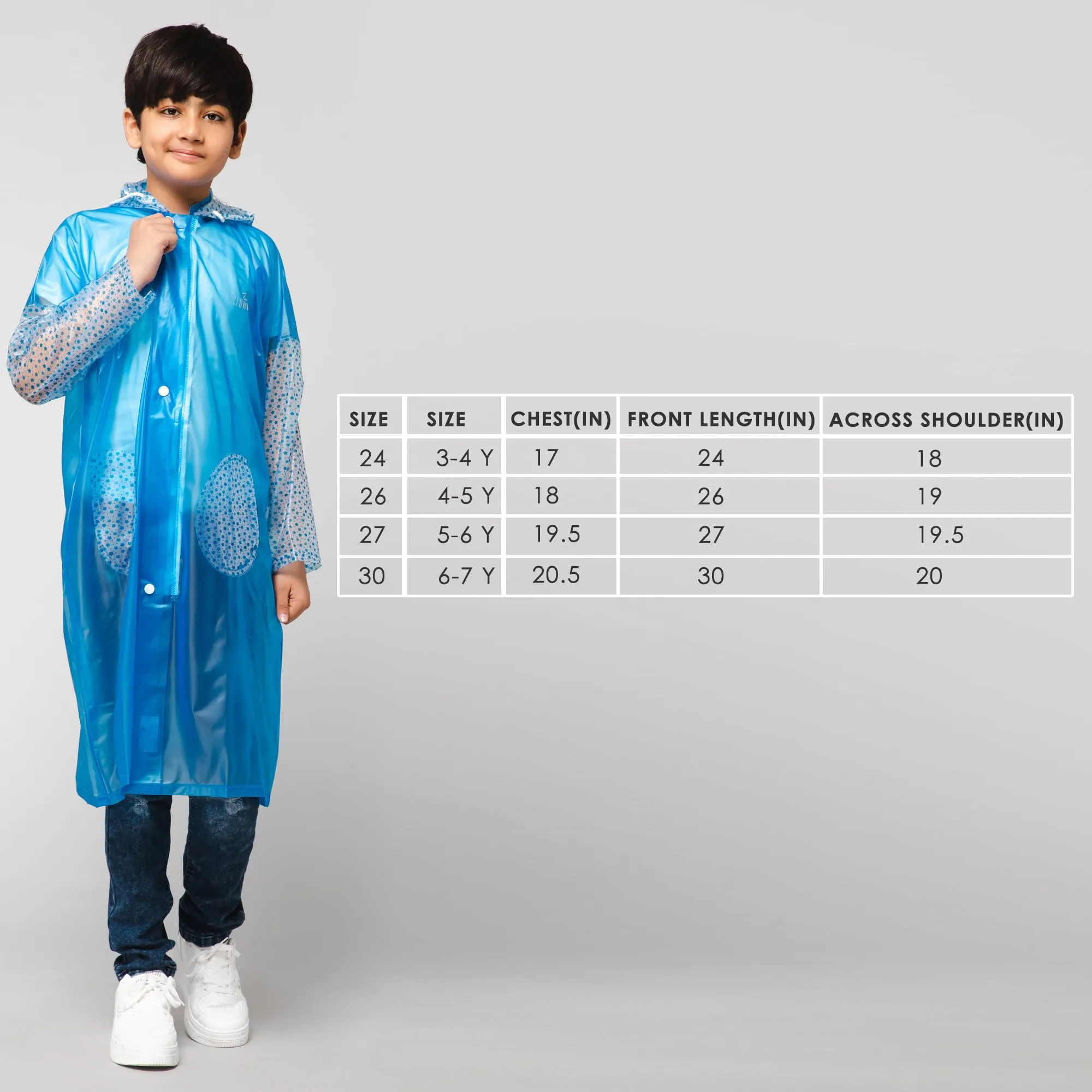 THE CLOWNFISH Shower Saver Series Unisex Kids Waterproof Single Layer PVC Longcoat/Raincoat with Adjustable Hood. Age-4-5 Years (Sky Blue)