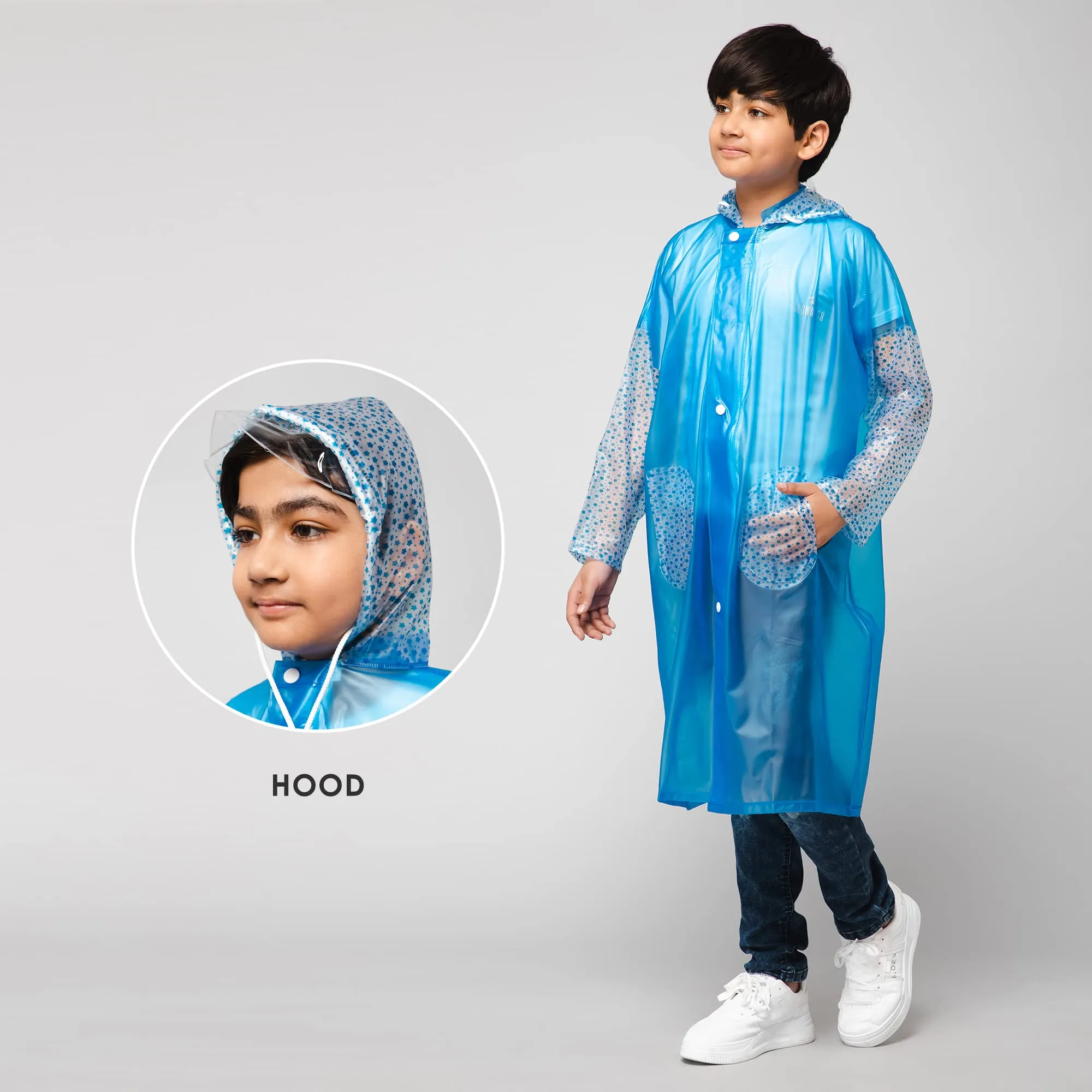 THE CLOWNFISH Shower Saver Series Unisex Kids Waterproof Single Layer PVC Longcoat/Raincoat with Adjustable Hood. Age-4-5 Years (Sky Blue)