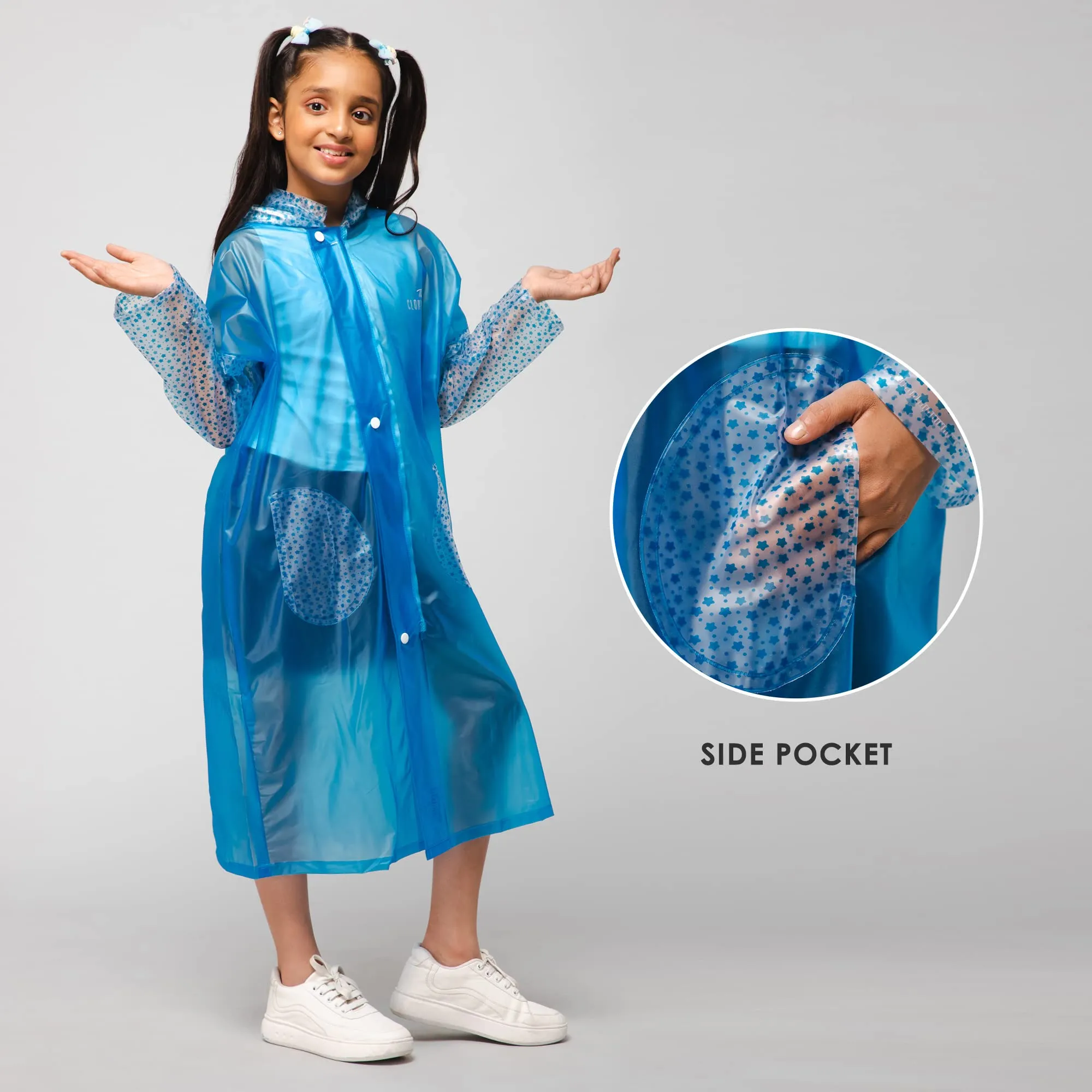 THE CLOWNFISH Shower Saver Series Unisex Kids Waterproof Single Layer PVC Longcoat/Raincoat with Adjustable Hood. Age-4-5 Years (Sky Blue)