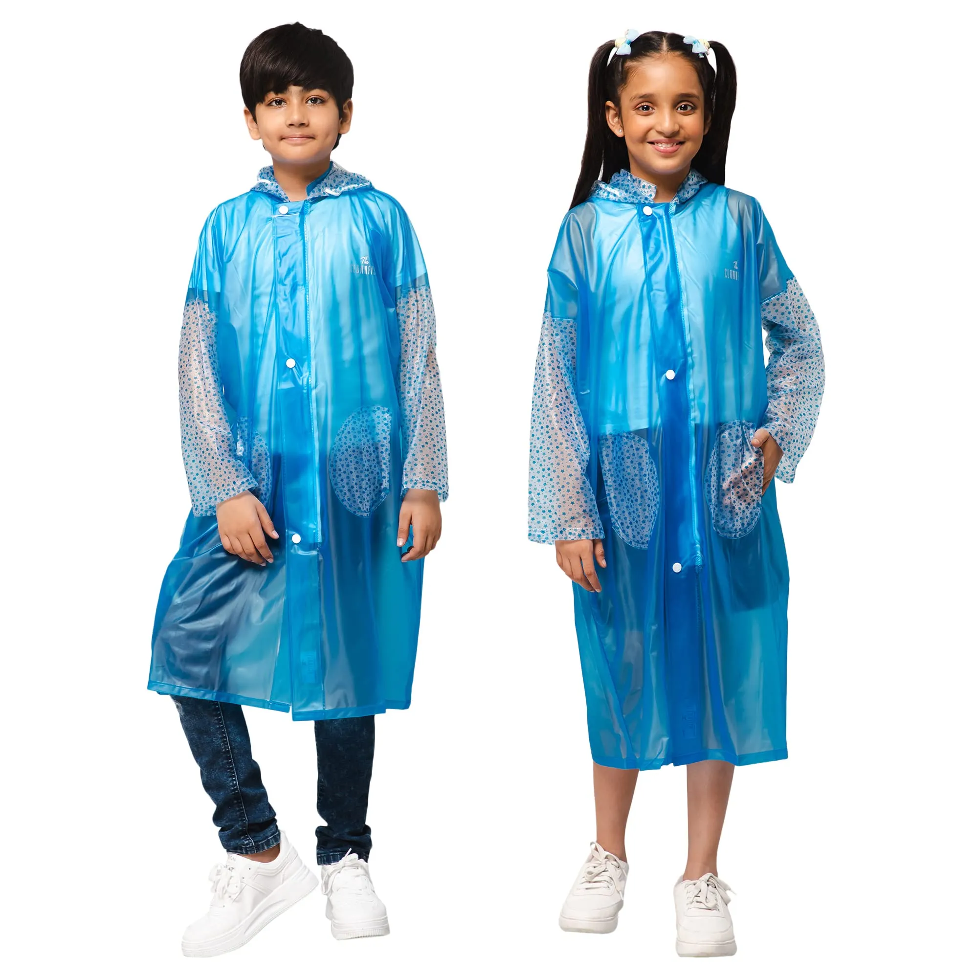 THE CLOWNFISH Shower Saver Series Unisex Kids Waterproof Single Layer PVC Longcoat/Raincoat with Adjustable Hood. Age-4-5 Years (Sky Blue)