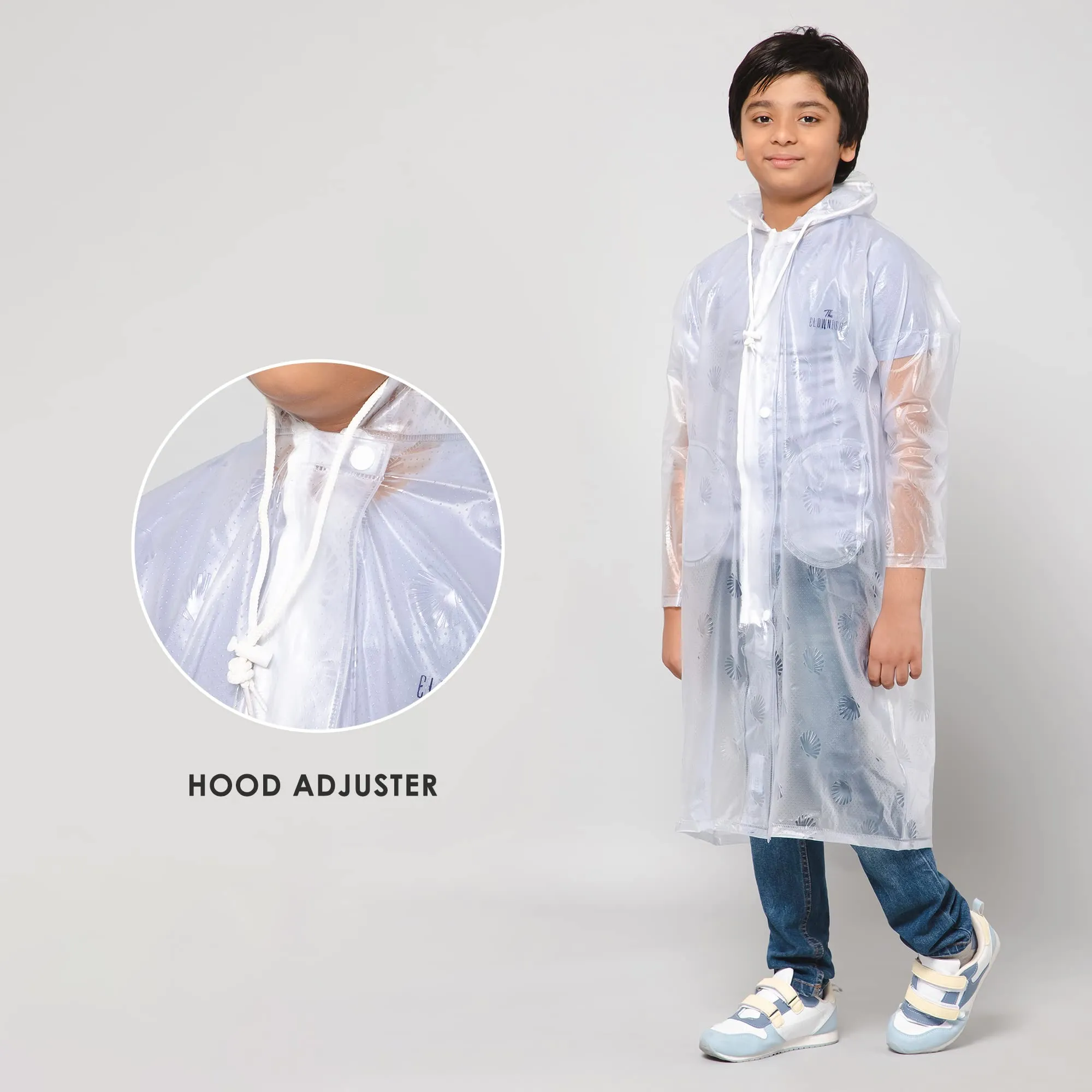 THE CLOWNFISH Storm Shield Series Unisex Kids Waterproof Single Layer PVC Longcoat/Raincoat with Adjustable Hood. Age-7-8 Years (Transparent White)