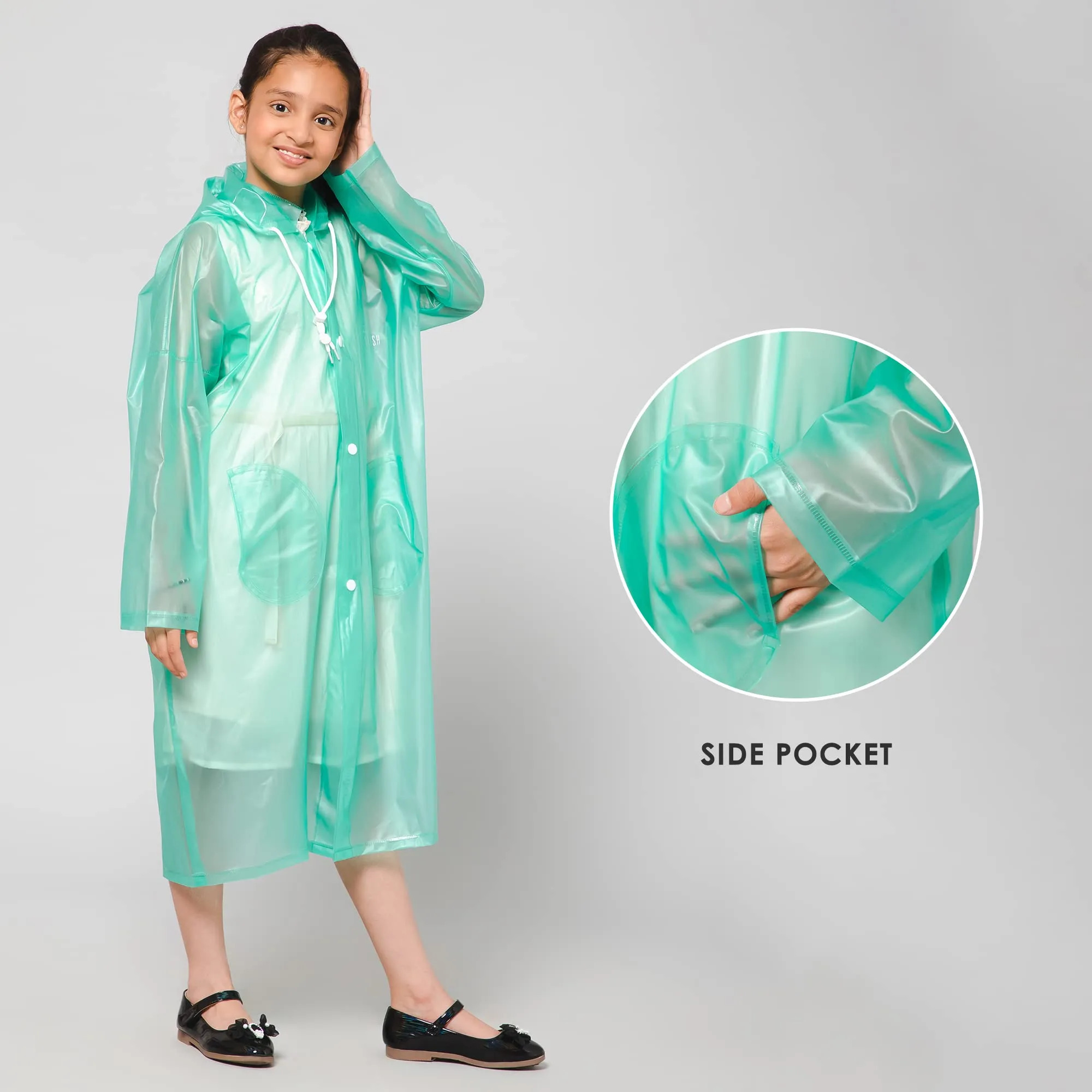 THE CLOWNFISH Wet & Wild Series Unisex Kids Waterproof Single Layer PVC Longcoat/Raincoat with Adjustable Hood. Age-4-5 Years (Fern Green)