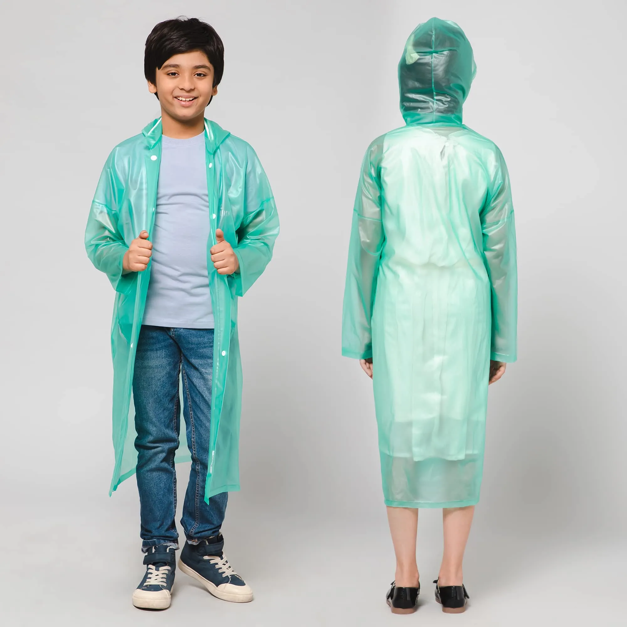 THE CLOWNFISH Wet & Wild Series Unisex Kids Waterproof Single Layer PVC Longcoat/Raincoat with Adjustable Hood. Age-4-5 Years (Fern Green)