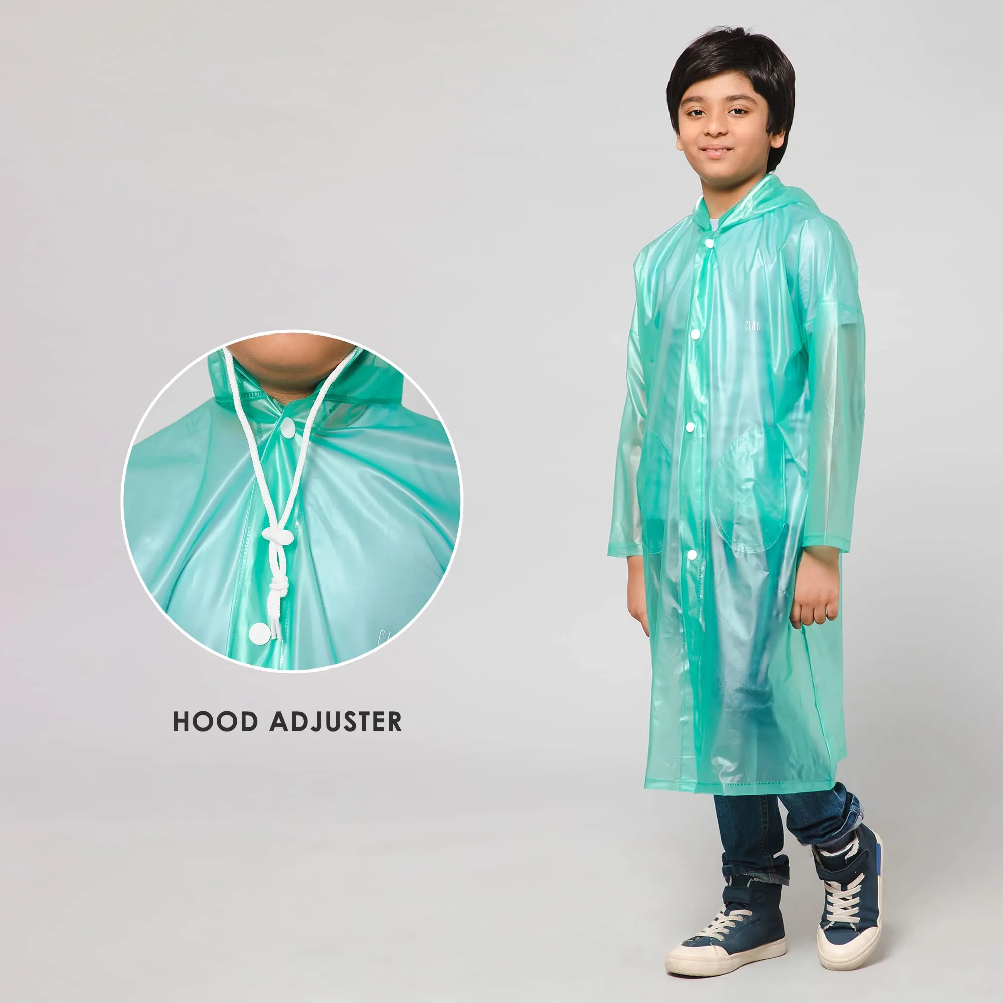 THE CLOWNFISH Wet & Wild Series Unisex Kids Waterproof Single Layer PVC Longcoat/Raincoat with Adjustable Hood. Age-4-5 Years (Fern Green)