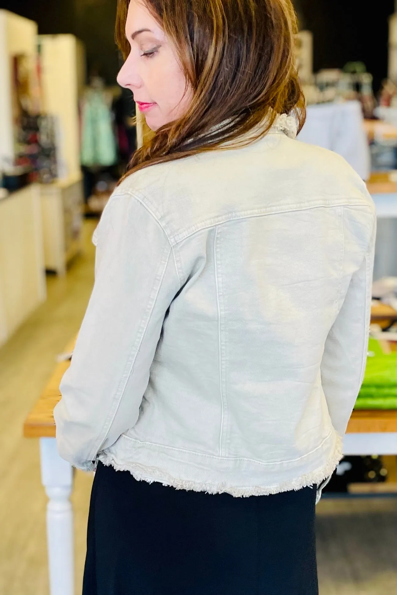 The Q2 Raw Edge Denim Jacket - Beige