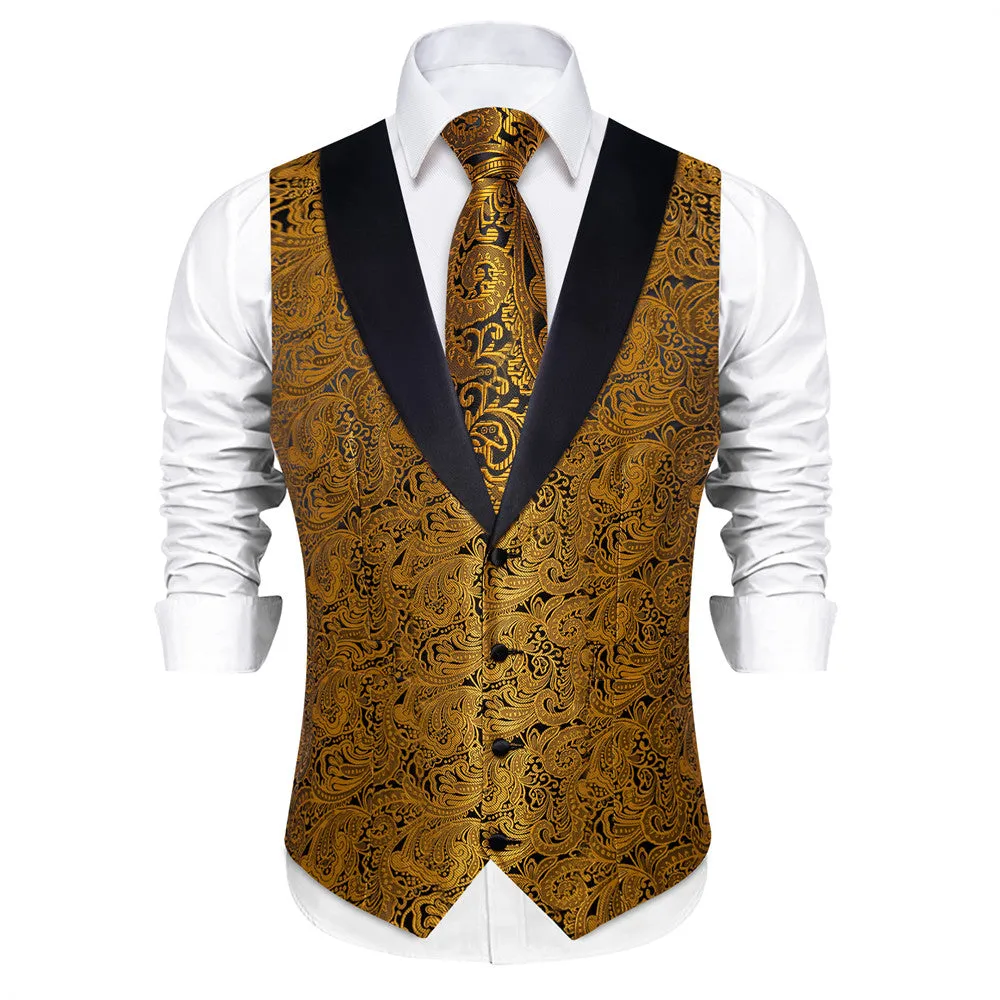 Ties2you Dress Vest Black Gold Floral Shawl Collar Silk Mens Waistcoat Tie Set