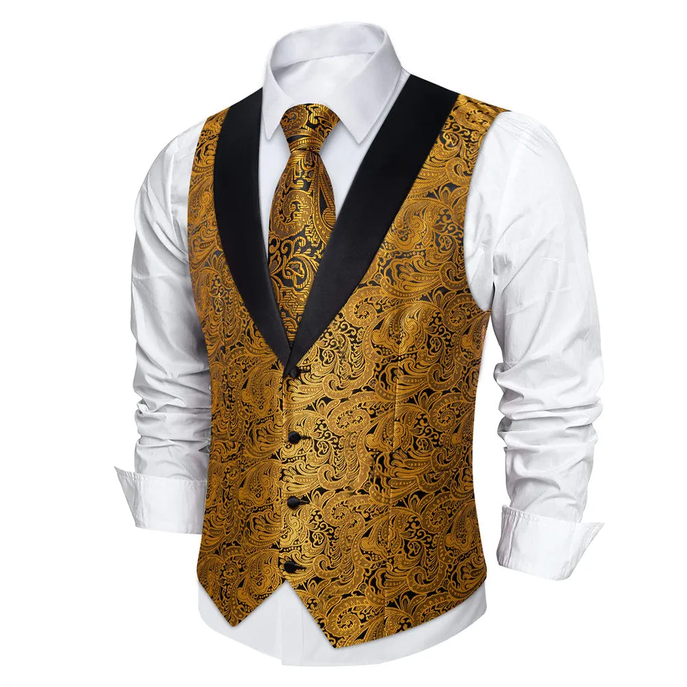 Ties2you Dress Vest Black Gold Floral Shawl Collar Silk Mens Waistcoat Tie Set