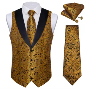 Ties2you Dress Vest Black Gold Floral Shawl Collar Silk Mens Waistcoat Tie Set