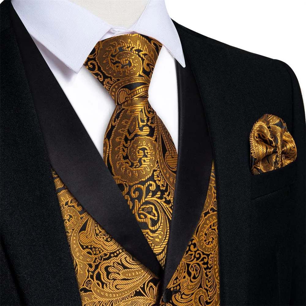 Ties2you Dress Vest Black Gold Floral Shawl Collar Silk Mens Waistcoat Tie Set