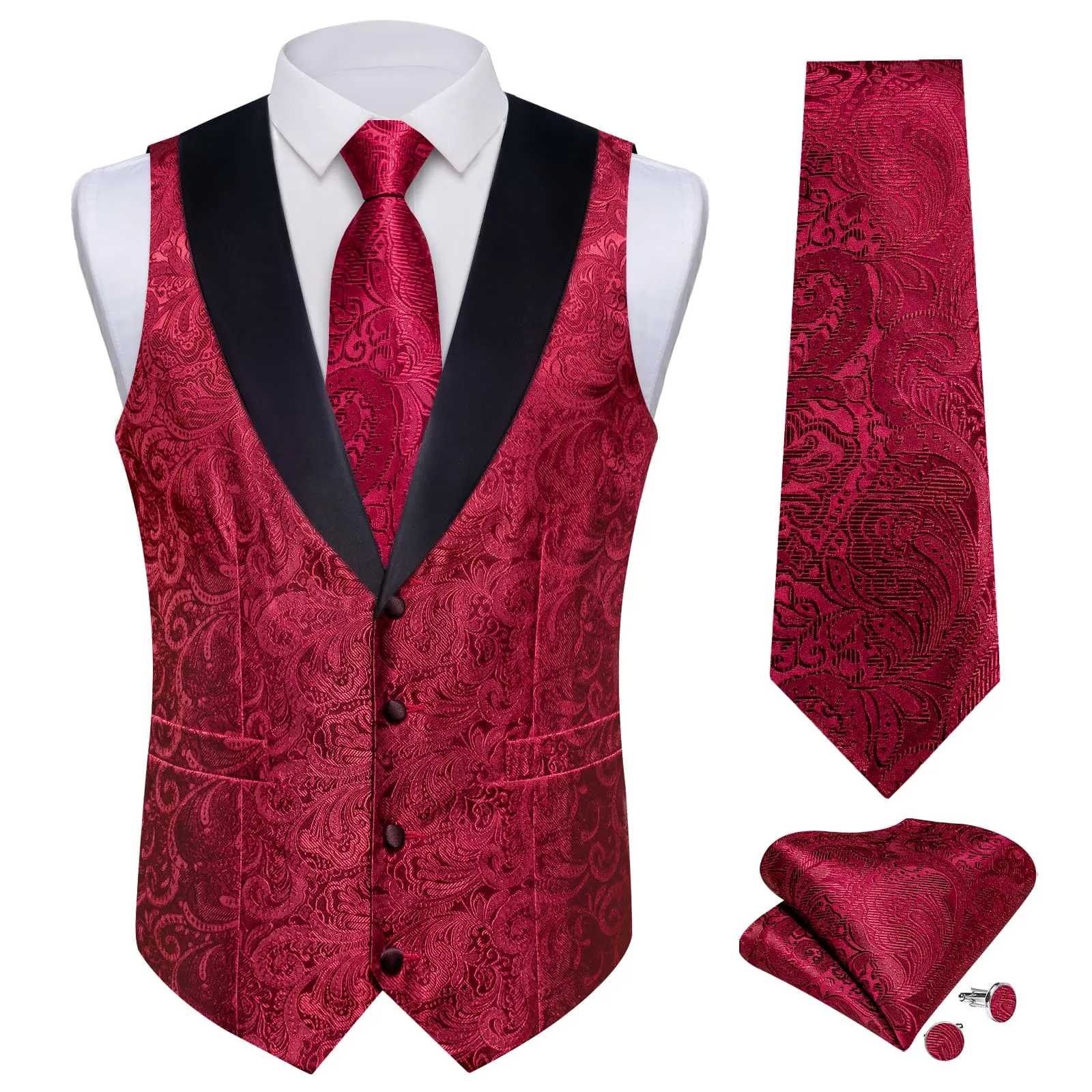 Ties2you Dress Vest Burgundy Red Shawl Collar Silk Mens Waistcoat Tie Set