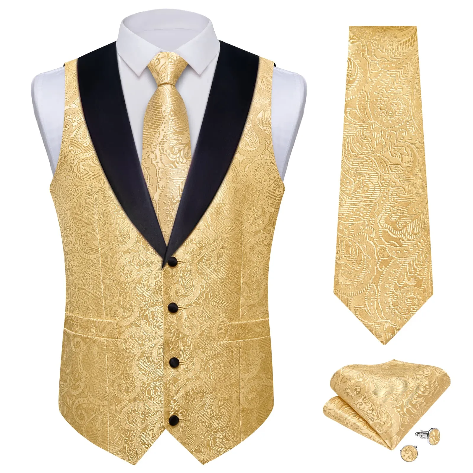 Ties2you Dress Vest Light Yellow Floral Shawl Collar Silk Mens Waistcoat Tie Set