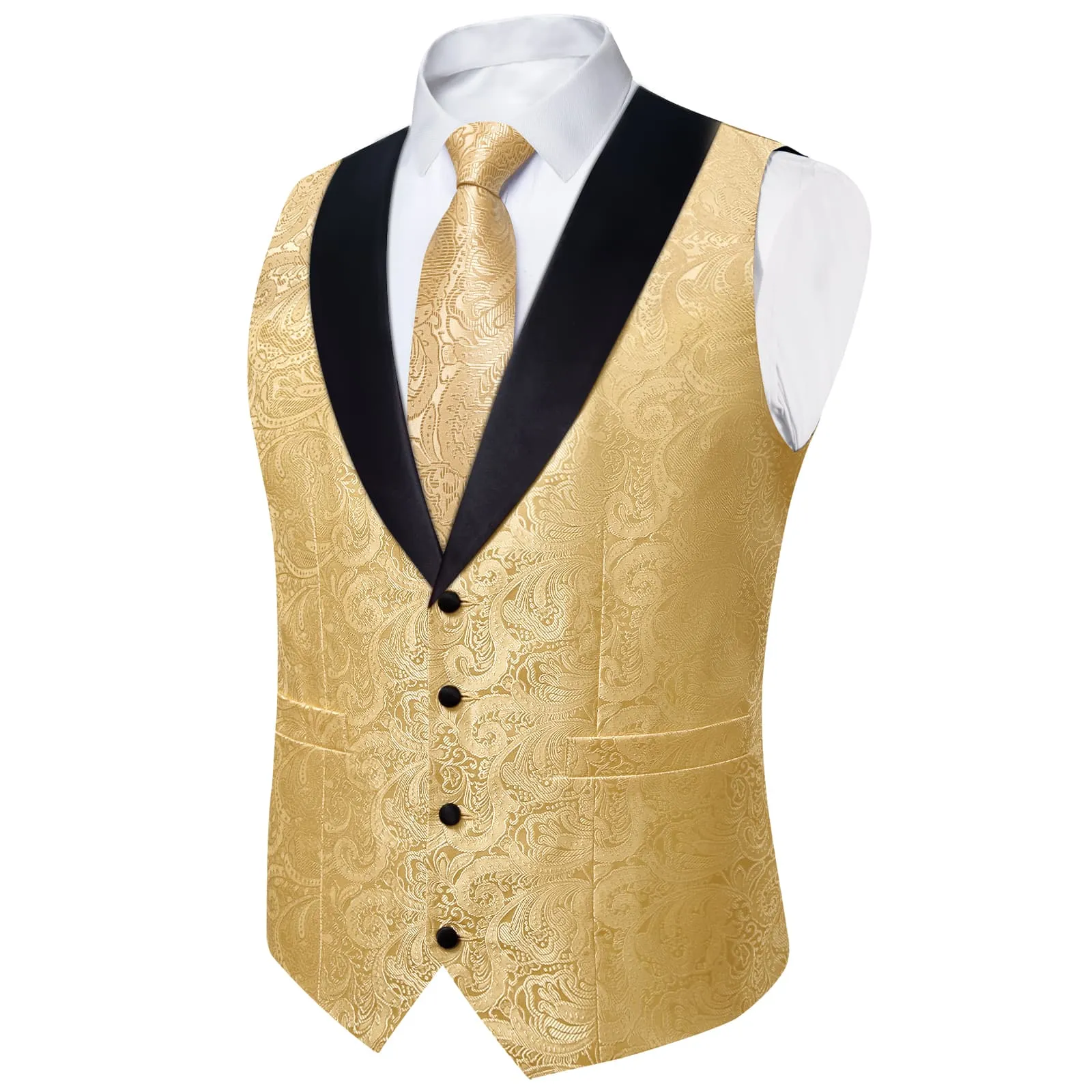 Ties2you Dress Vest Light Yellow Floral Shawl Collar Silk Mens Waistcoat Tie Set