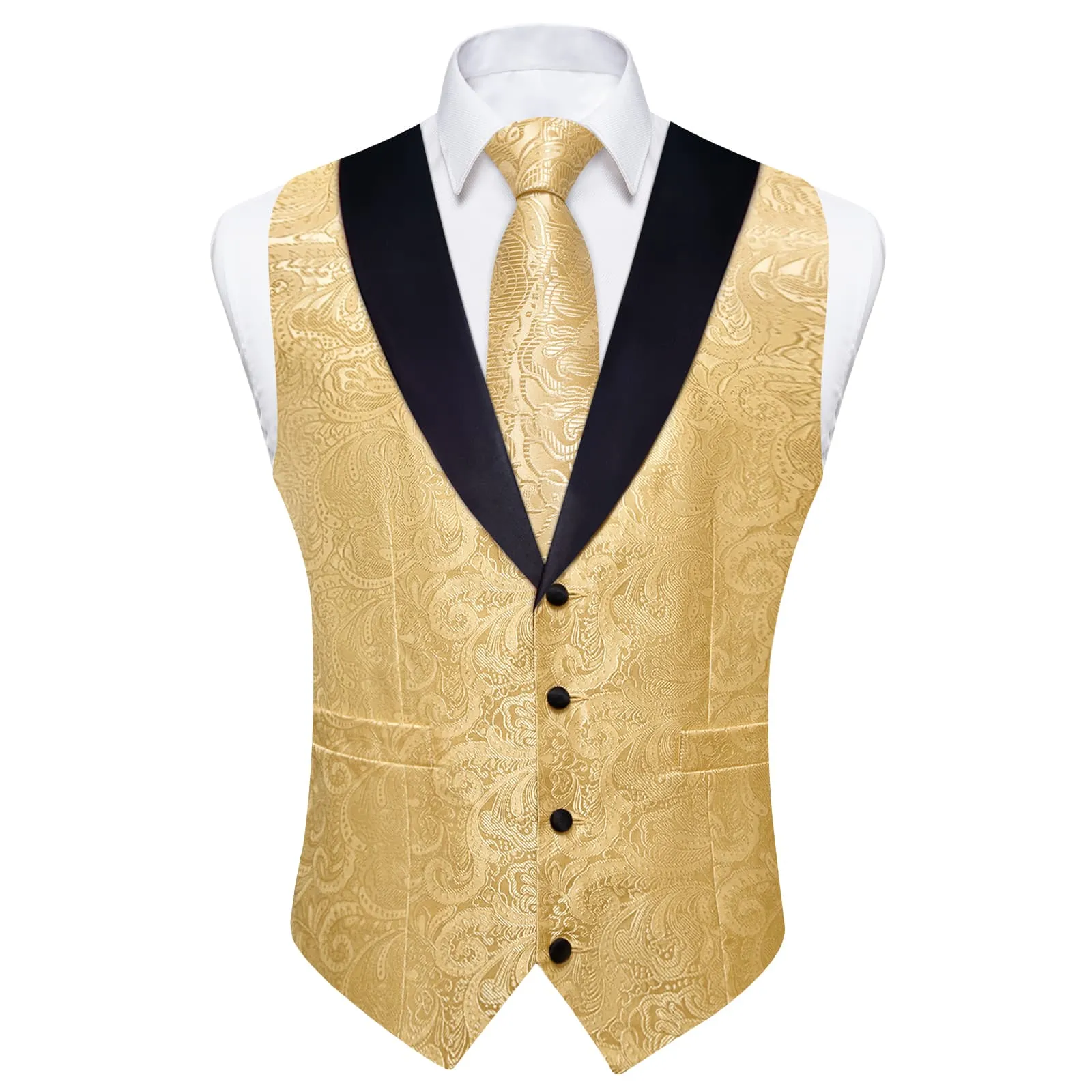 Ties2you Dress Vest Light Yellow Floral Shawl Collar Silk Mens Waistcoat Tie Set