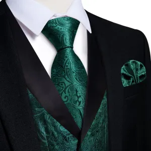 Ties2you Dress Vest Phthalo Green Floral Shawl Collar Silk Mens Waistcoat Tie Set