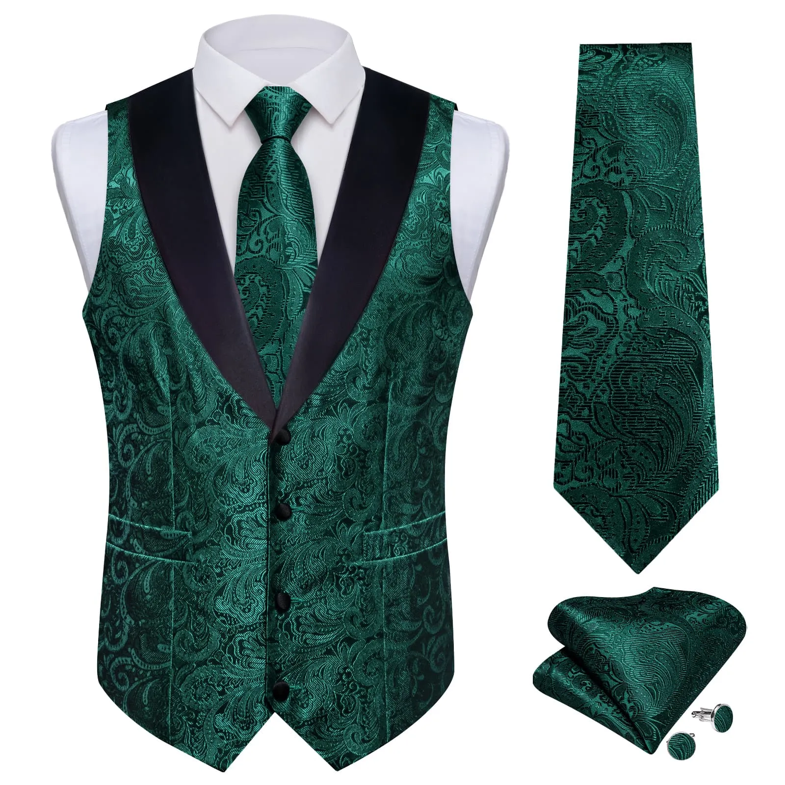 Ties2you Dress Vest Phthalo Green Floral Shawl Collar Silk Mens Waistcoat Tie Set