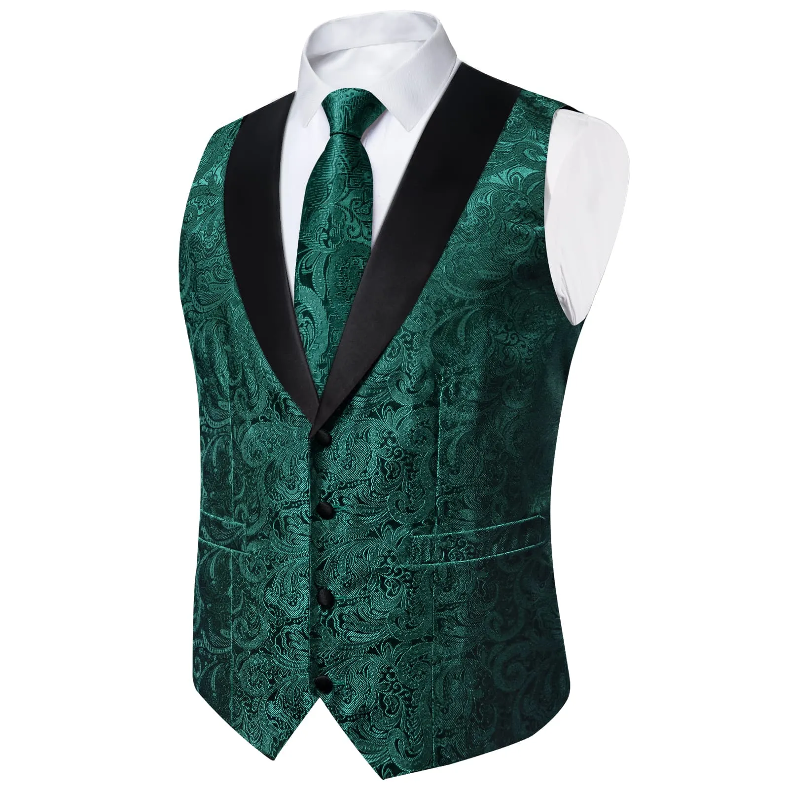 Ties2you Dress Vest Phthalo Green Floral Shawl Collar Silk Mens Waistcoat Tie Set