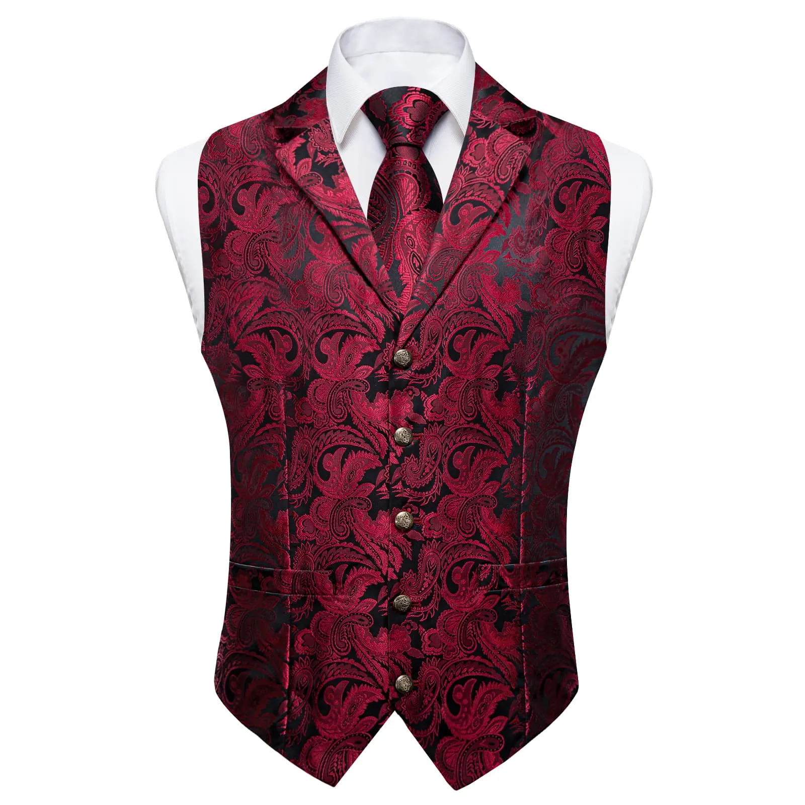 Ties2you Dress Vest Red Black Paisley Notched Collar Silk Mens Waistcoat Tie Set