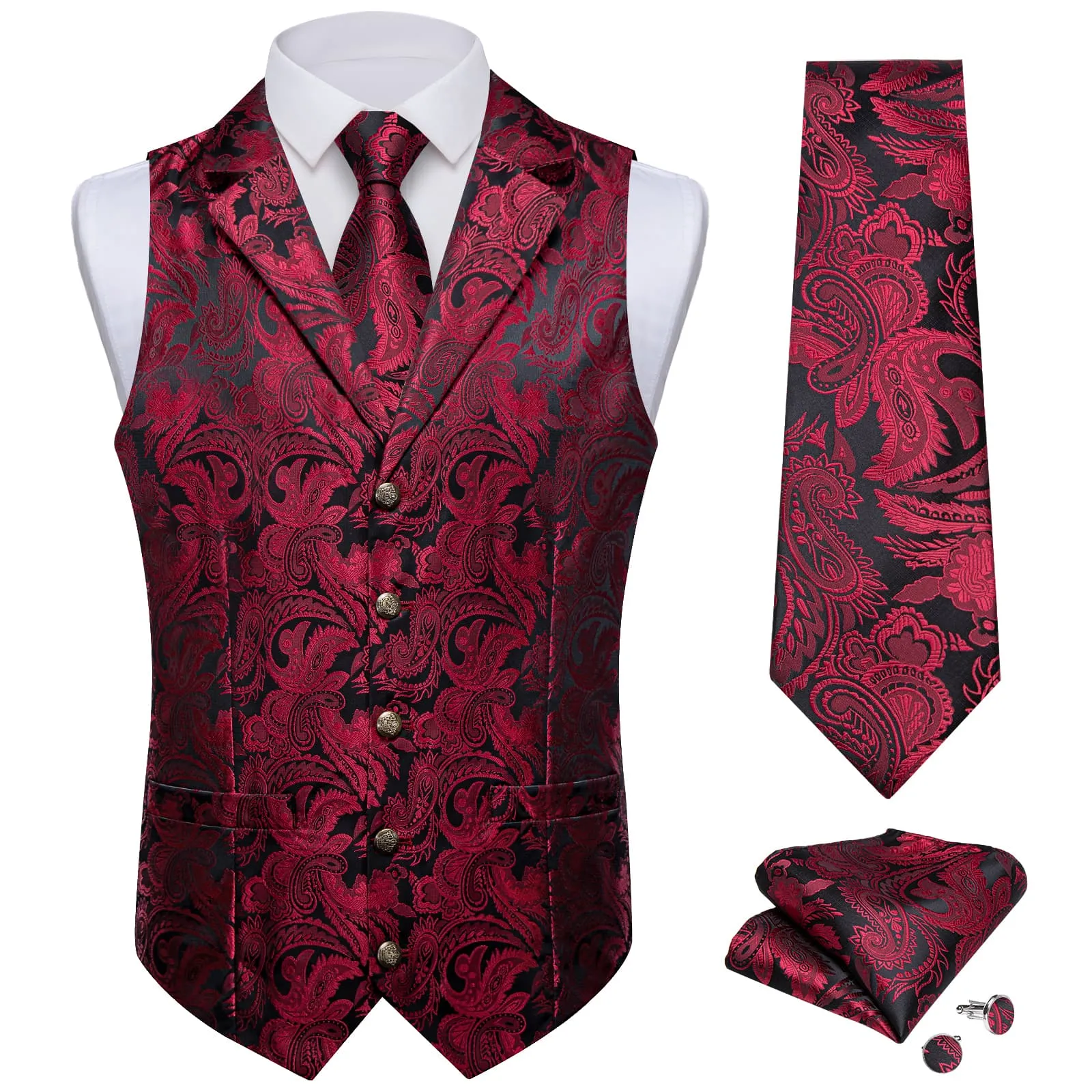 Ties2you Dress Vest Red Black Paisley Notched Collar Silk Mens Waistcoat Tie Set