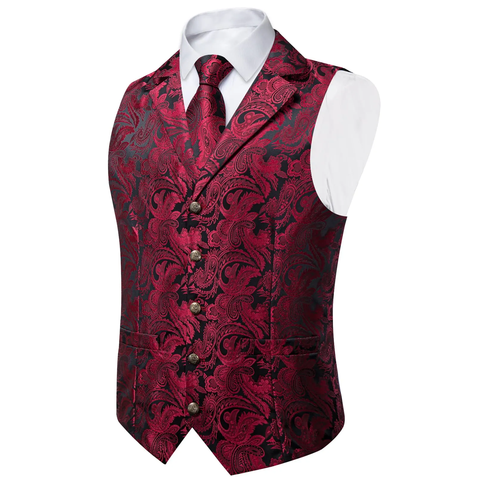 Ties2you Dress Vest Red Black Paisley Notched Collar Silk Mens Waistcoat Tie Set