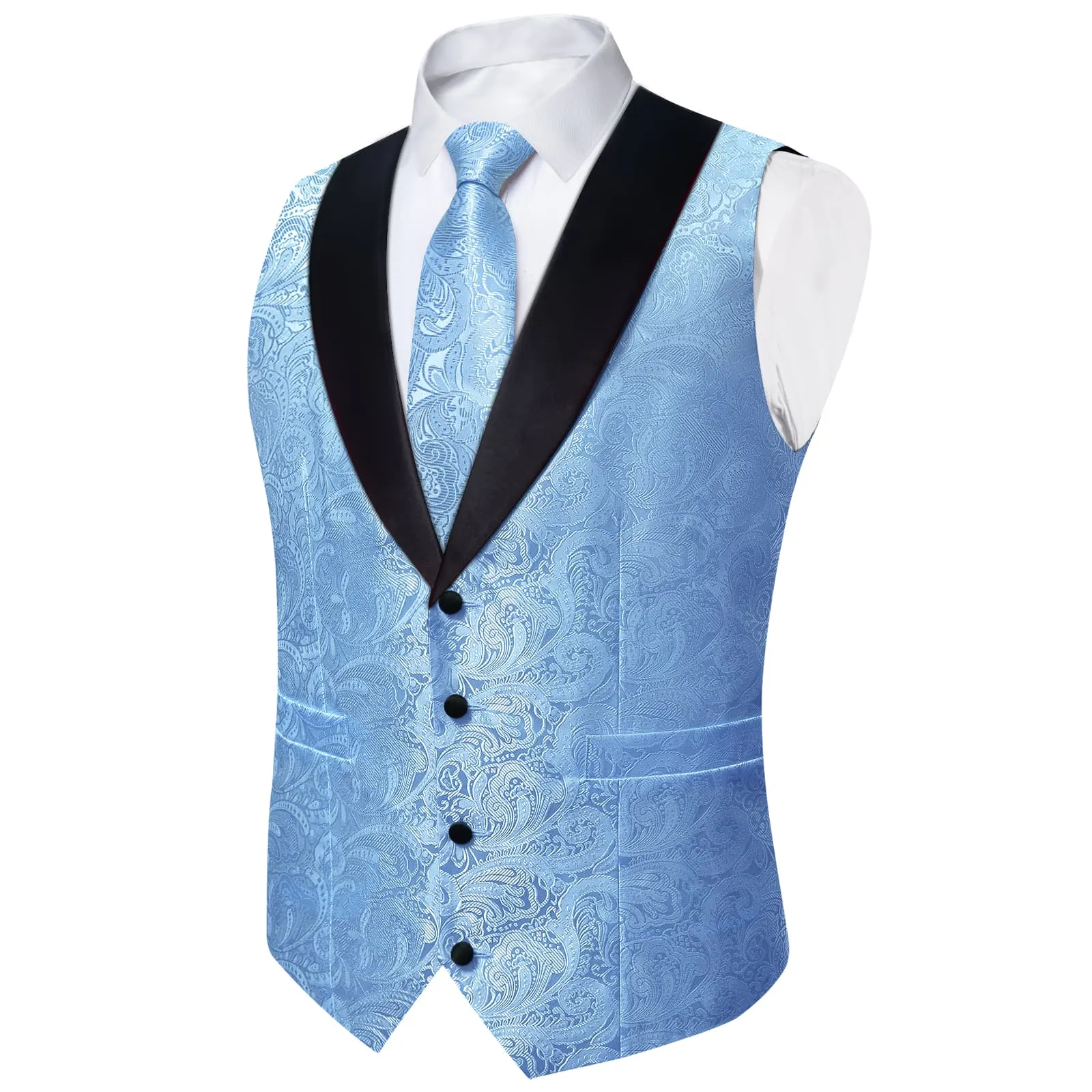 Ties2you Dress Vest Sky Blue Floral Shawl Collar Silk Mens Waistcoat Tie Set