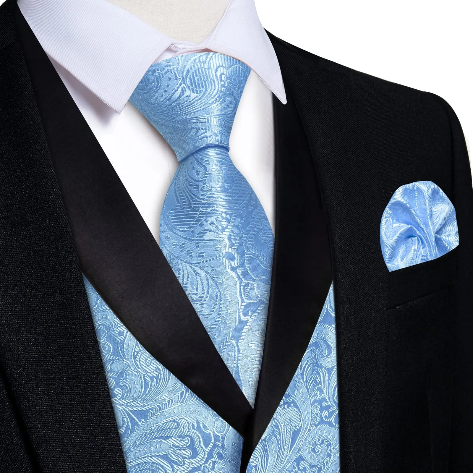 Ties2you Dress Vest Sky Blue Floral Shawl Collar Silk Mens Waistcoat Tie Set