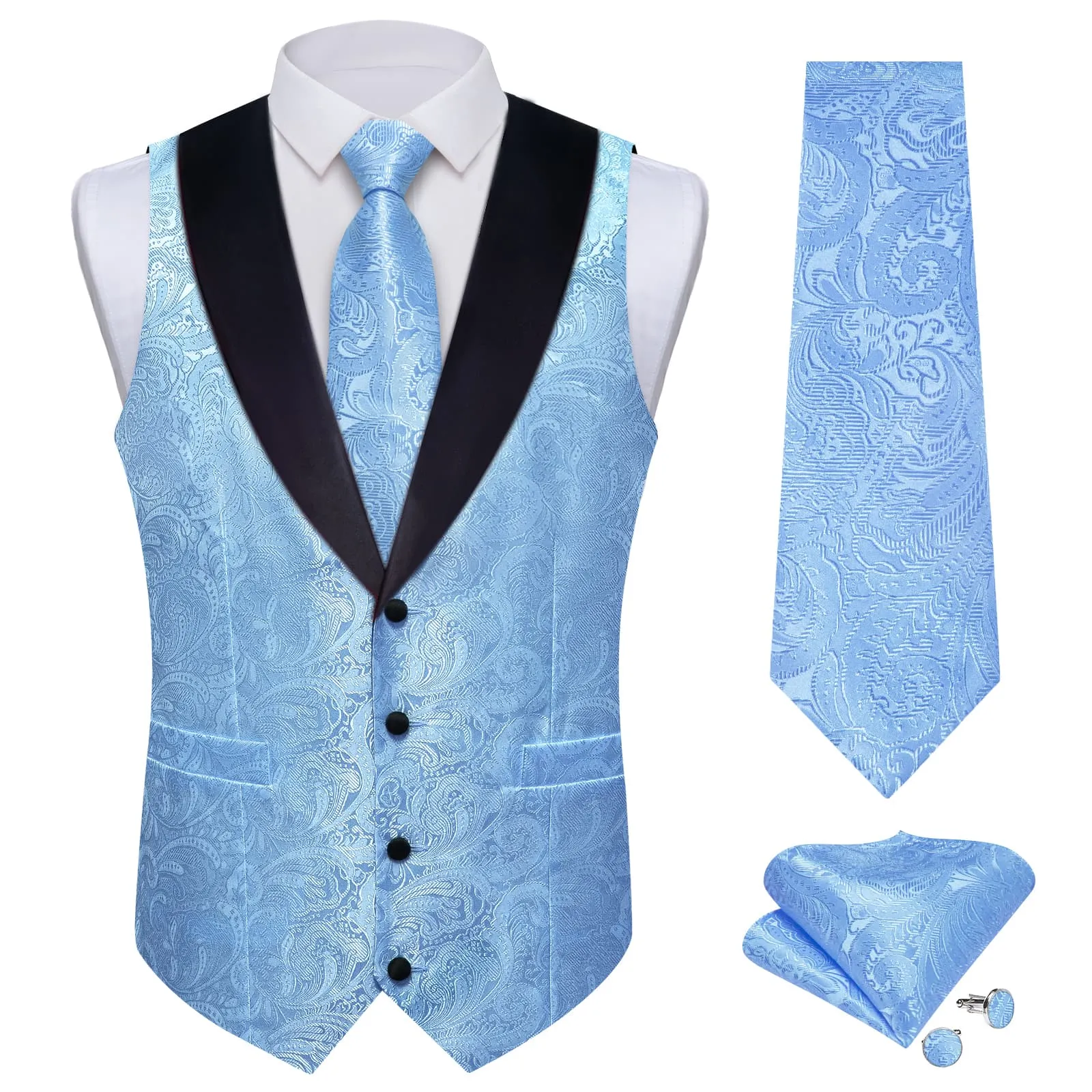 Ties2you Dress Vest Sky Blue Floral Shawl Collar Silk Mens Waistcoat Tie Set