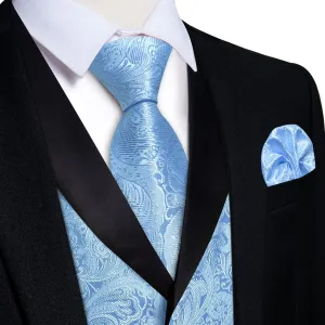 Ties2you Dress Vest Sky Blue Floral Shawl Collar Silk Mens Waistcoat Tie Set