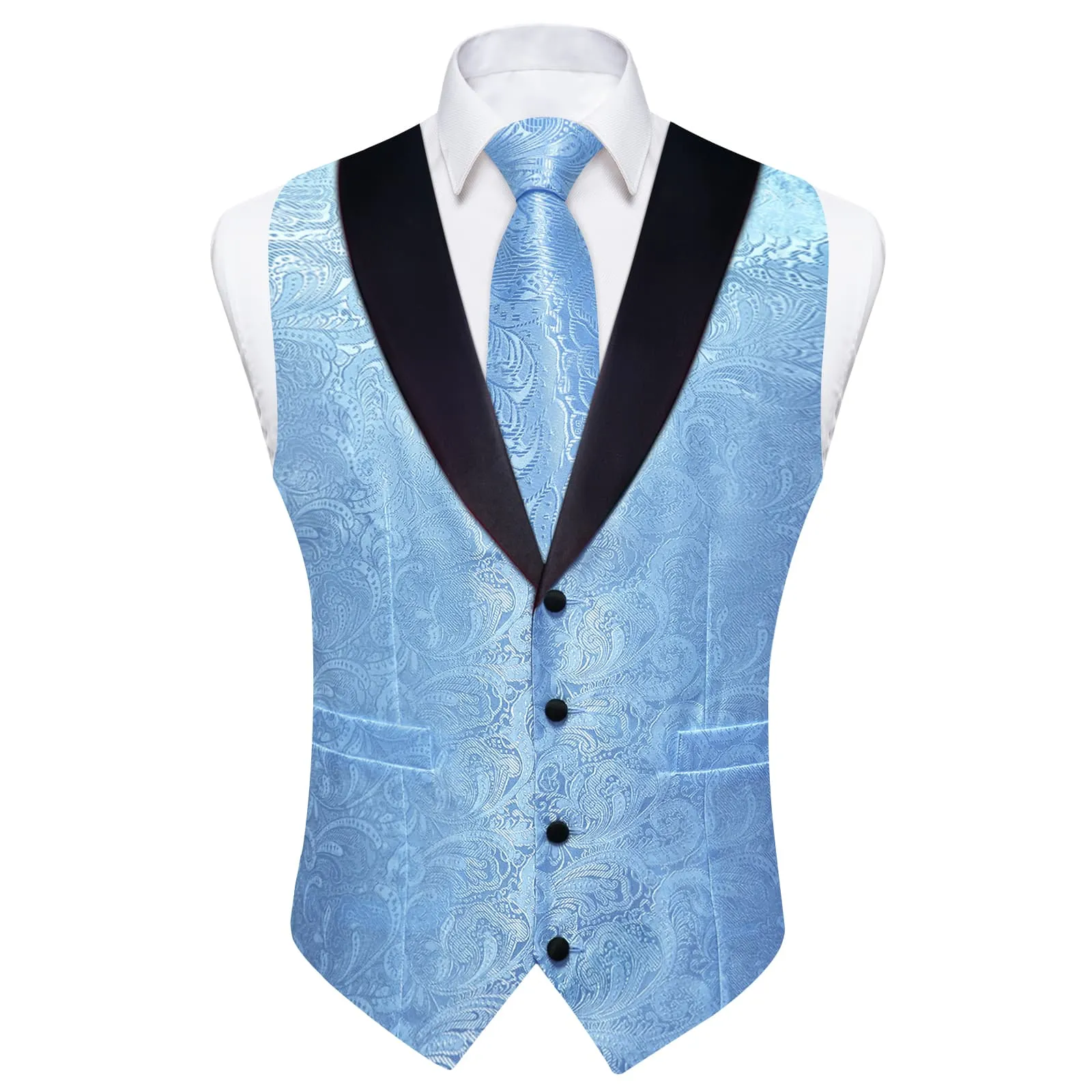 Ties2you Dress Vest Sky Blue Floral Shawl Collar Silk Mens Waistcoat Tie Set