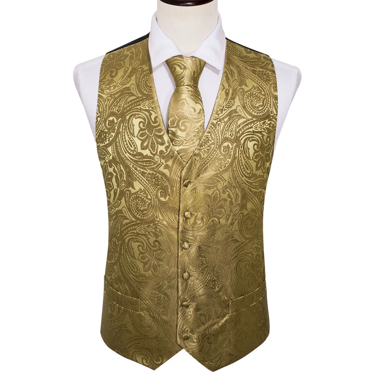 Ties2you Floral Tie Vest Golden Silk Men's Vest Tie Hanky Cufflinks Set Waistcoat Suit Set