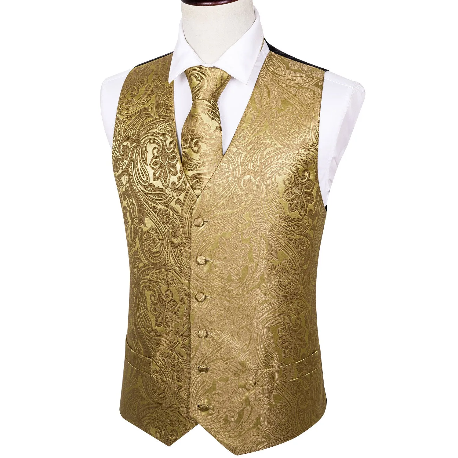 Ties2you Floral Tie Vest Golden Silk Men's Vest Tie Hanky Cufflinks Set Waistcoat Suit Set