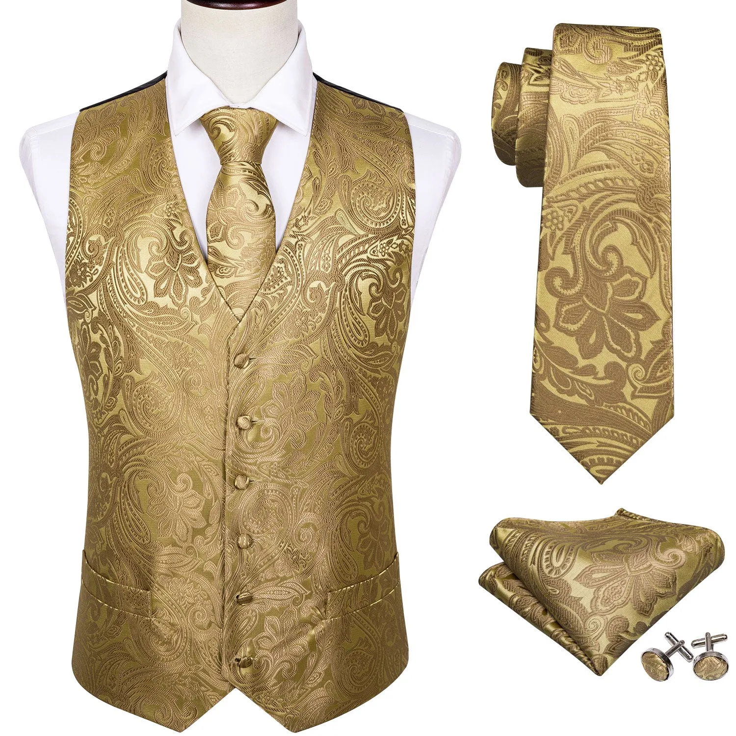 Ties2you Floral Tie Vest Golden Silk Men's Vest Tie Hanky Cufflinks Set Waistcoat Suit Set