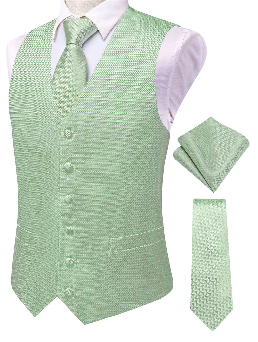 Ties2you Laurel Green Solid V-Neck Silk Vest Necktie Se