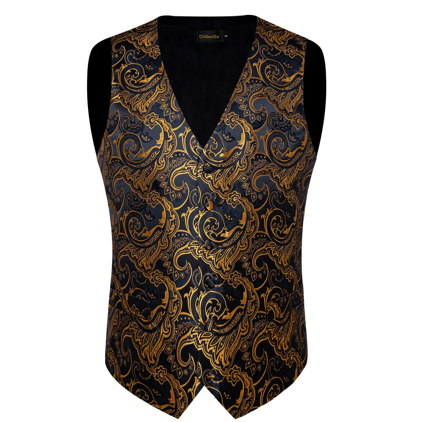 Ties2you Men's Vest Black Gold Floral Silk Single Waistcoat Suit Vest