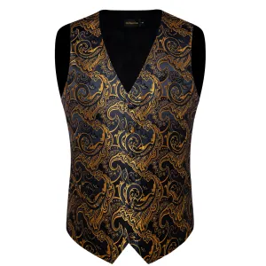 Ties2you Men's Vest Black Gold Floral Silk Single Waistcoat Suit Vest