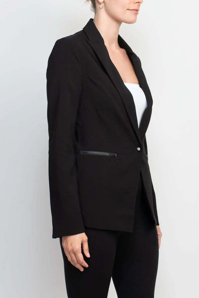 Truth lapel collar one button closure long sleeve woven blazer with zipper pocket