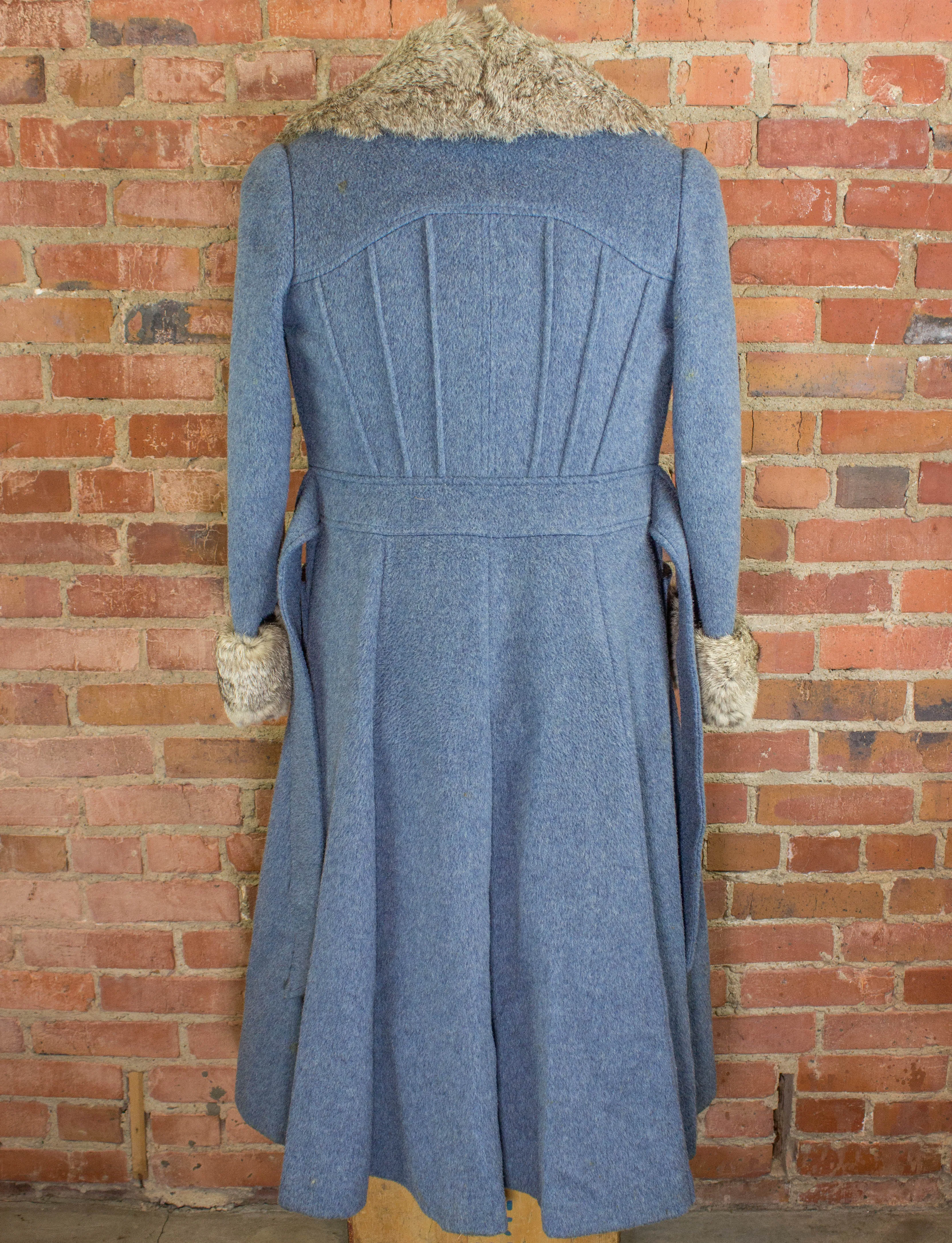 Vintage 70s Gus Mayer Light Blue Wool Penny Lane Coat With Fur Collar Size Small