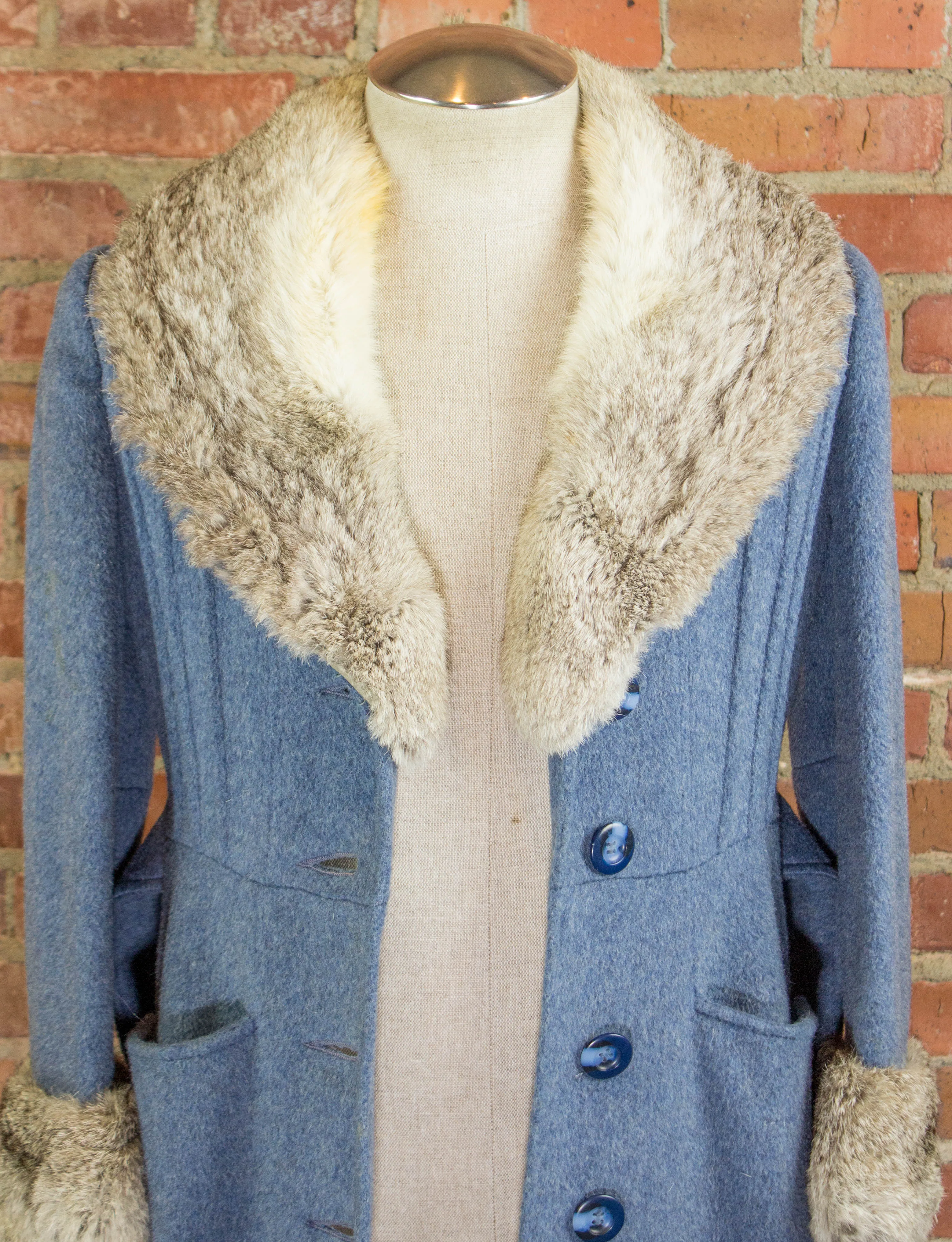 Vintage 70s Gus Mayer Light Blue Wool Penny Lane Coat With Fur Collar Size Small