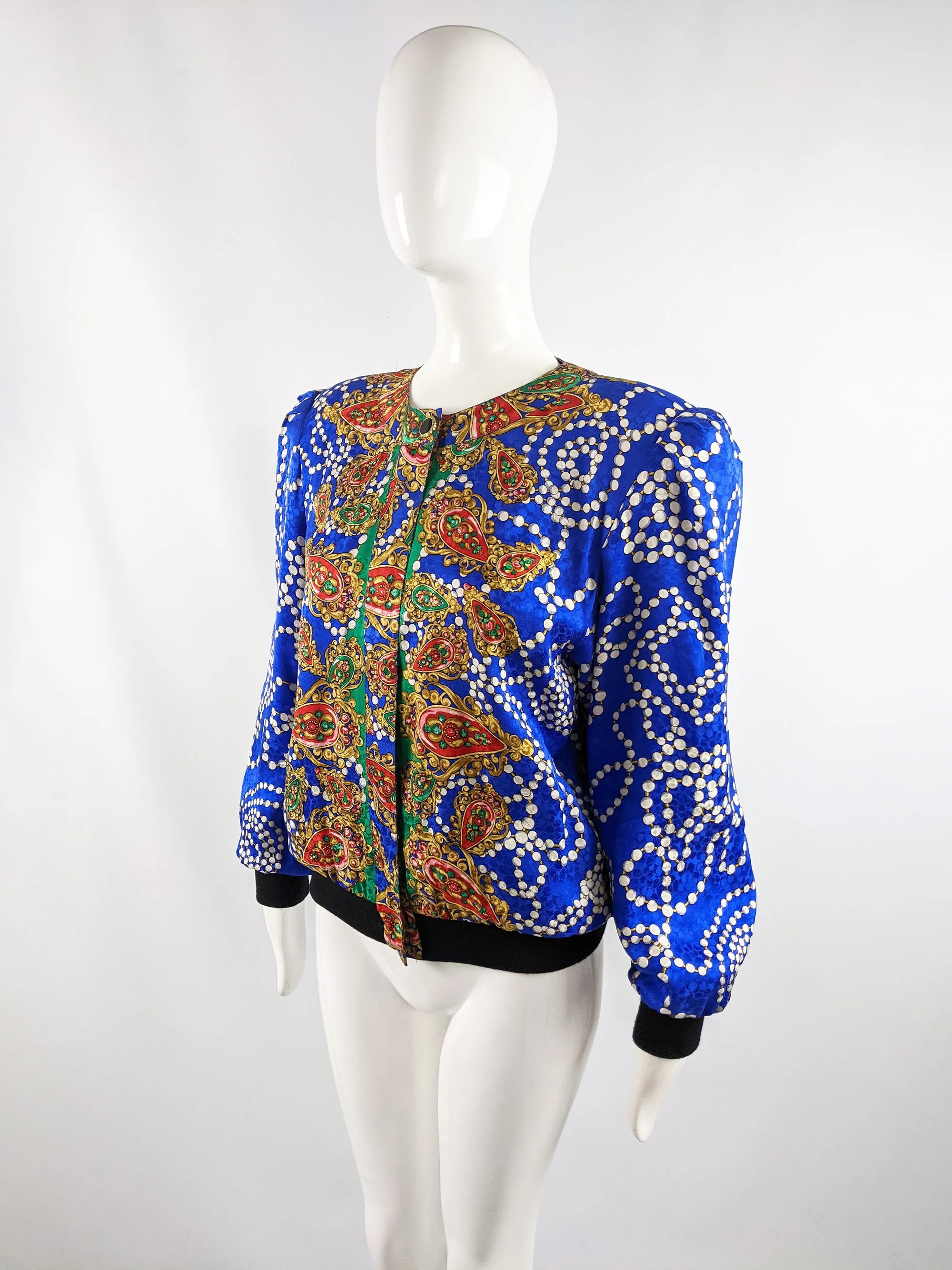 Vintage Blue Silk Huge Shoulder Pads Bomber Jacket, 1980s