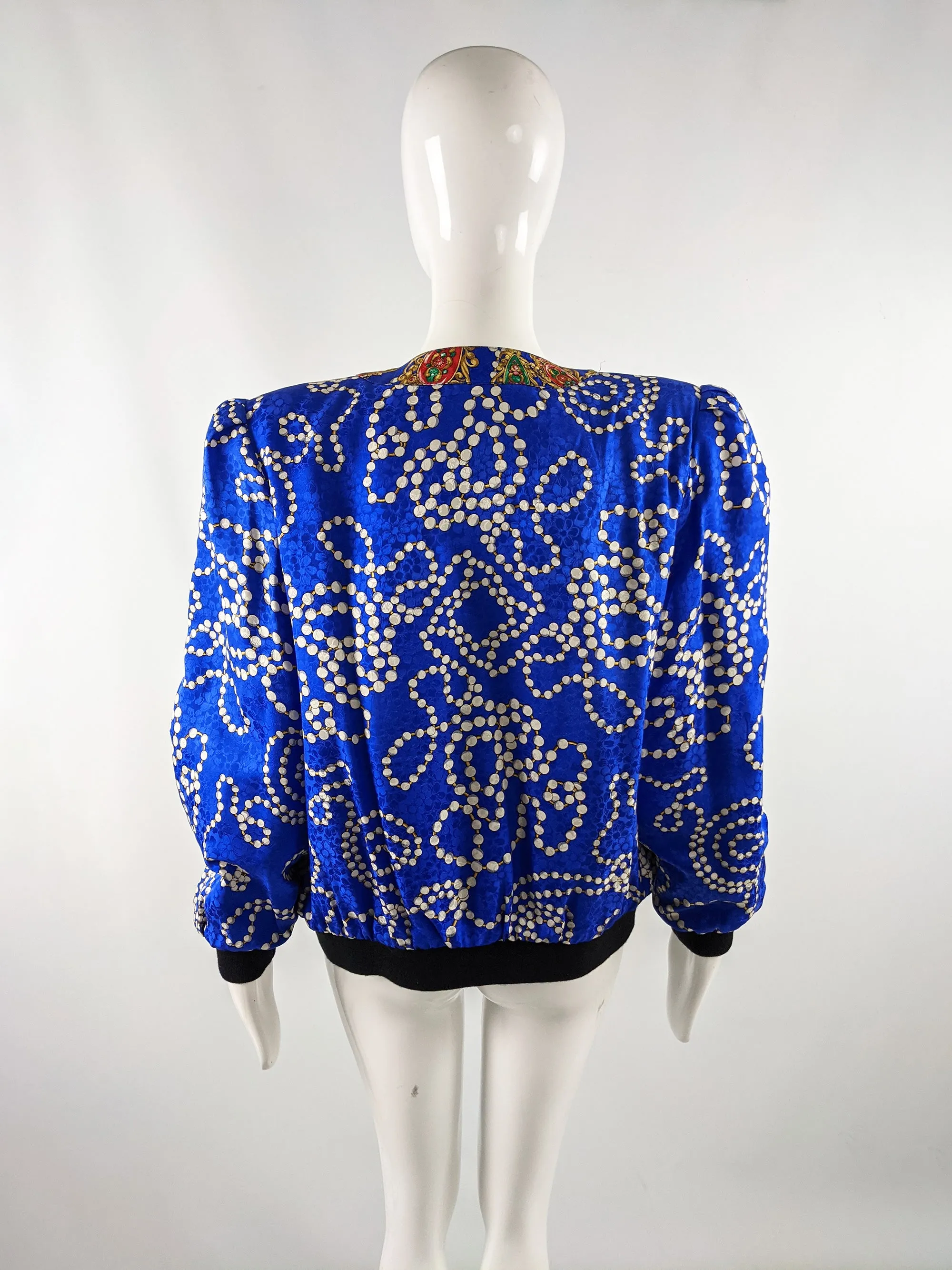 Vintage Blue Silk Huge Shoulder Pads Bomber Jacket, 1980s