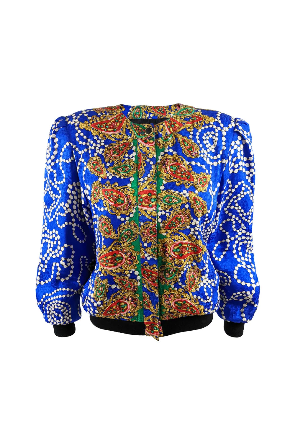 Vintage Blue Silk Huge Shoulder Pads Bomber Jacket, 1980s