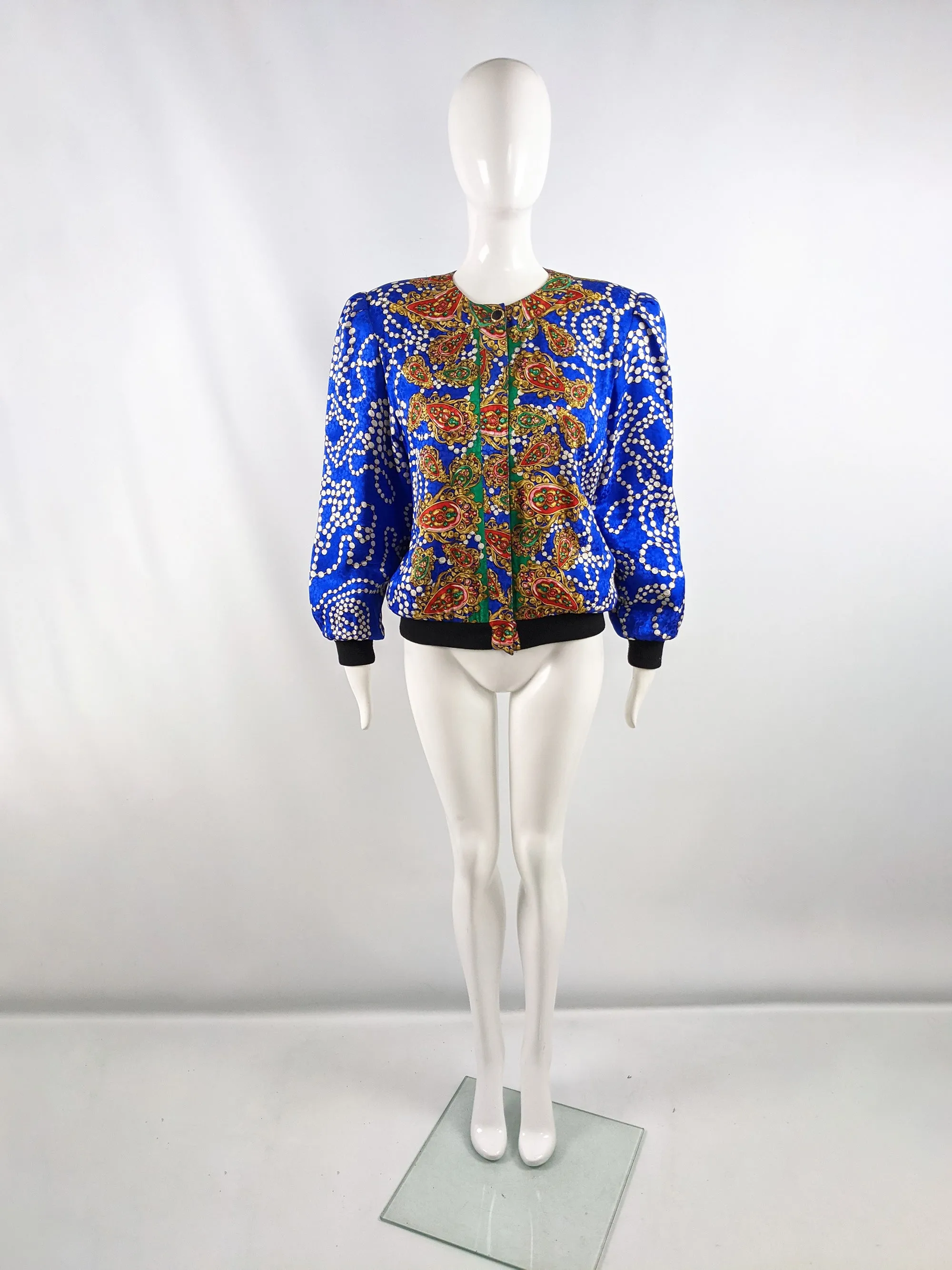 Vintage Blue Silk Huge Shoulder Pads Bomber Jacket, 1980s