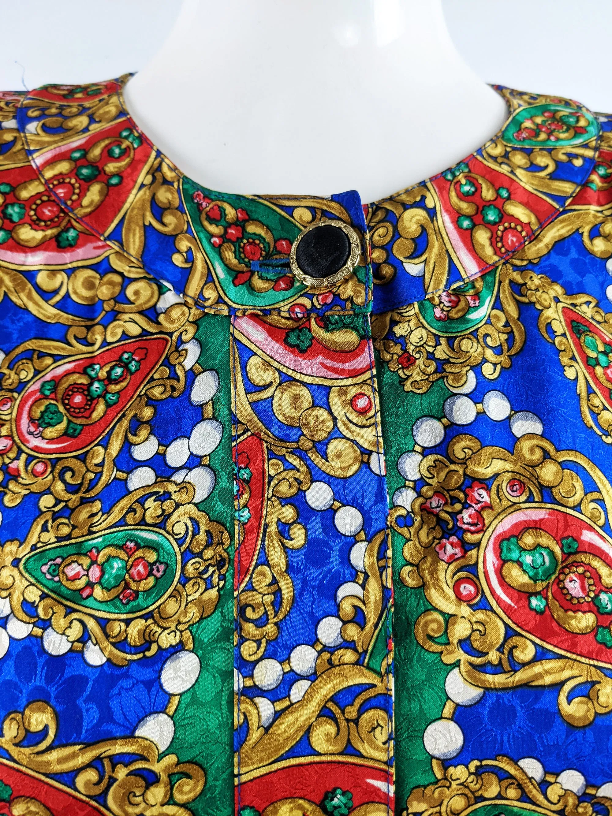 Vintage Blue Silk Huge Shoulder Pads Bomber Jacket, 1980s