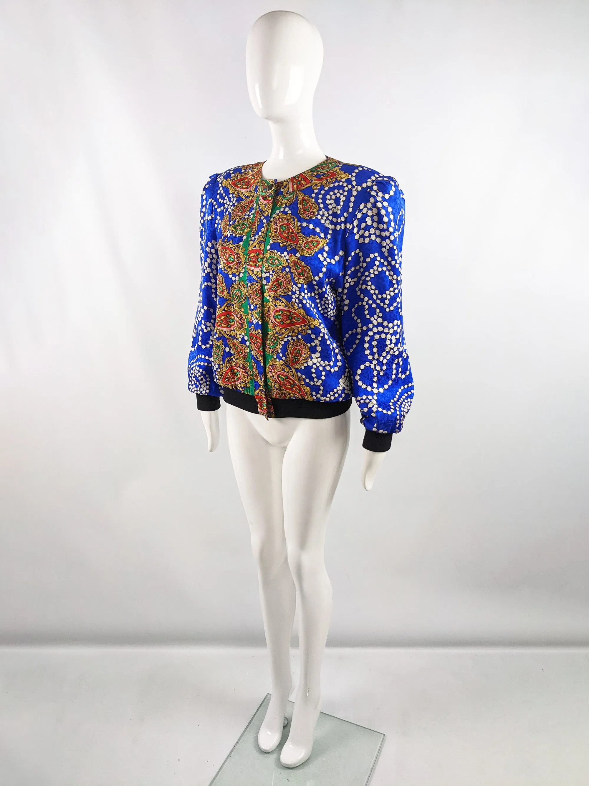 Vintage Blue Silk Huge Shoulder Pads Bomber Jacket, 1980s