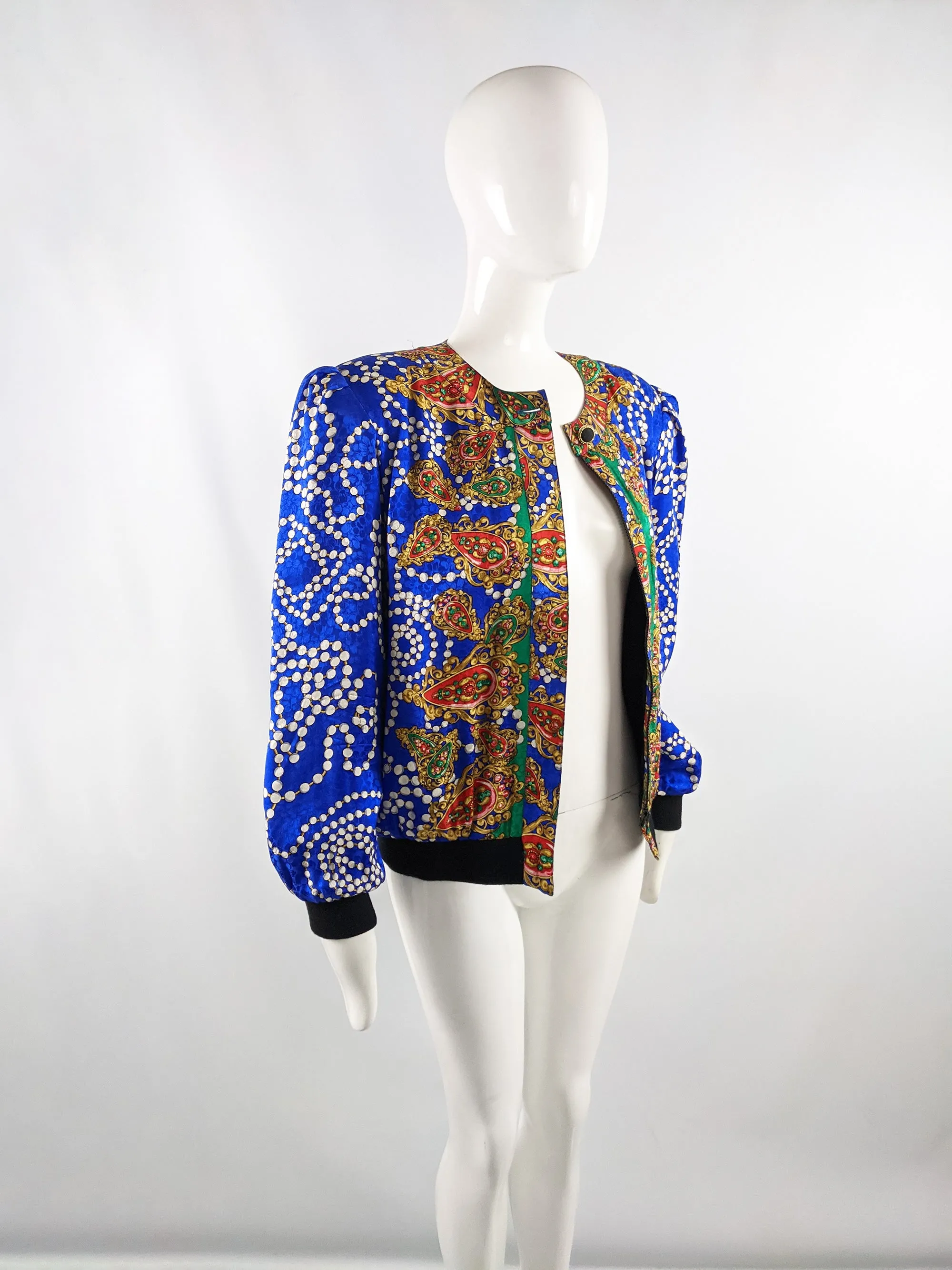 Vintage Blue Silk Huge Shoulder Pads Bomber Jacket, 1980s