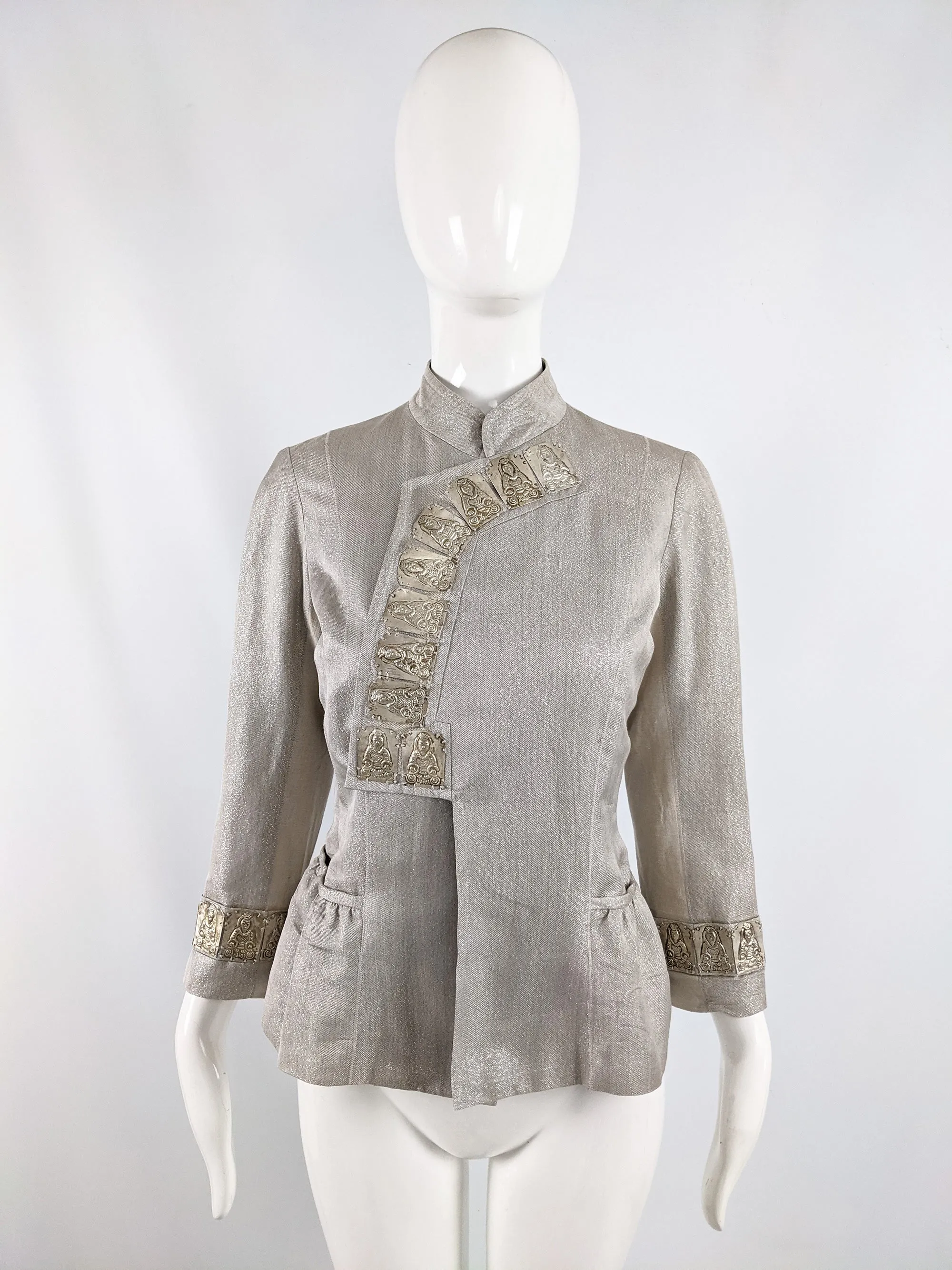 Vintage Metal Plate Nehru Collar Silk Jacket, 2000s